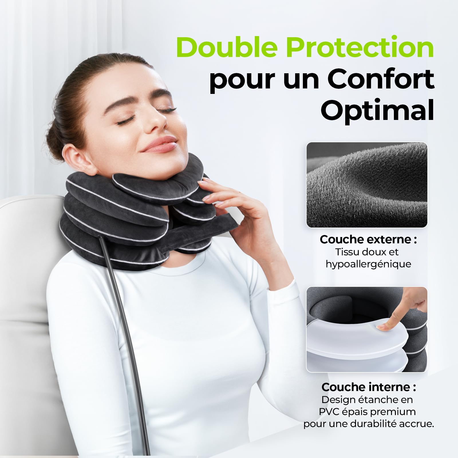 AUVON Coussin de nuque gonflable pour traction cervicale avec design d'étirement à 3 couches et design de soutien du menton, coussin de nuque pour soulager la douleur, soutien du cou pour les