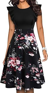 Women's Vintage Ruffle Floral Flared A Line Swing Casual Cocktail Party Dresses - Buy now
