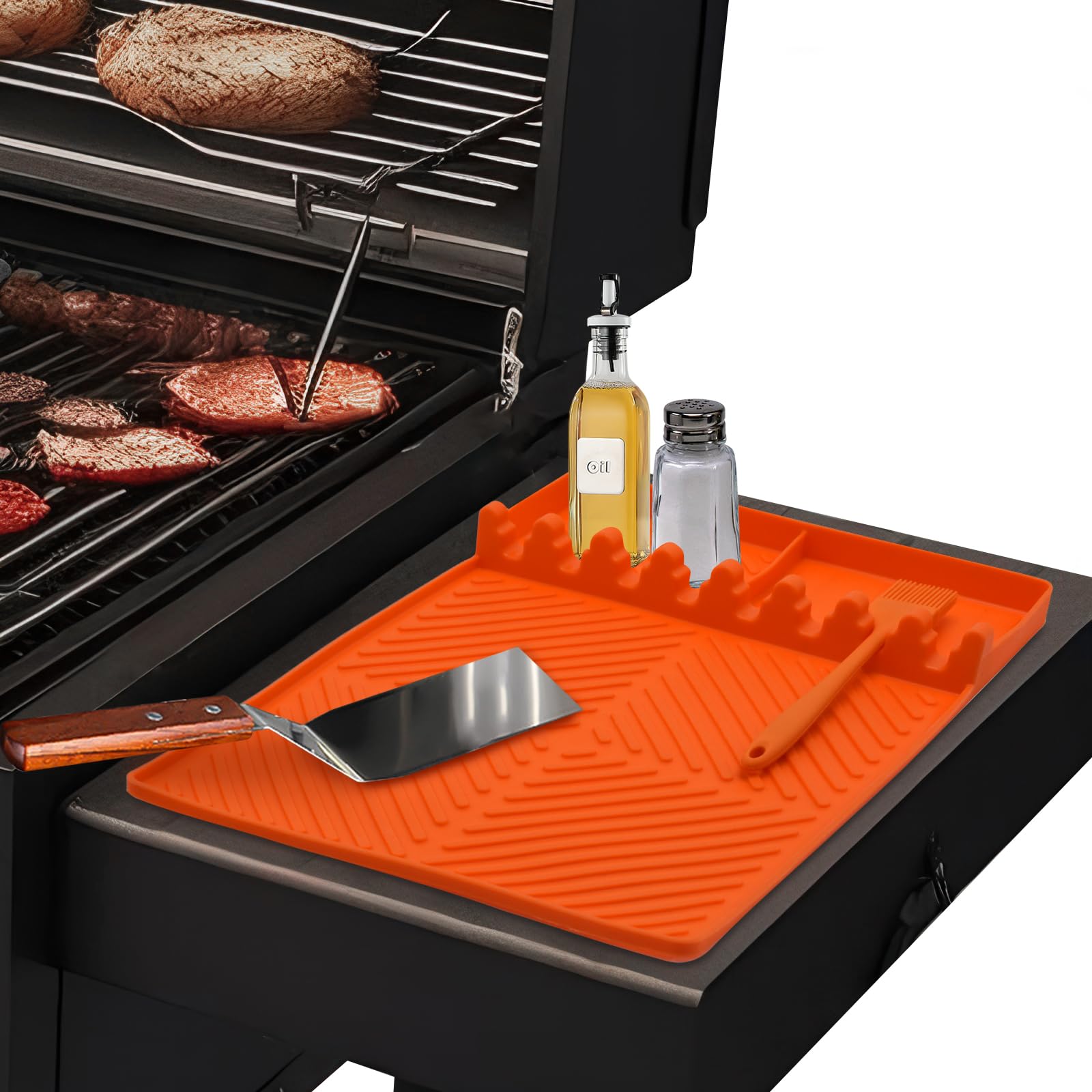 Estera para Barbacoa Mesas Laterales, Alfombrilla de Espátula de Silicona, Soporte para Utensilios de Parrilla, Estera de Drenaje para Cocina, Estufa y Encimera, Naranja