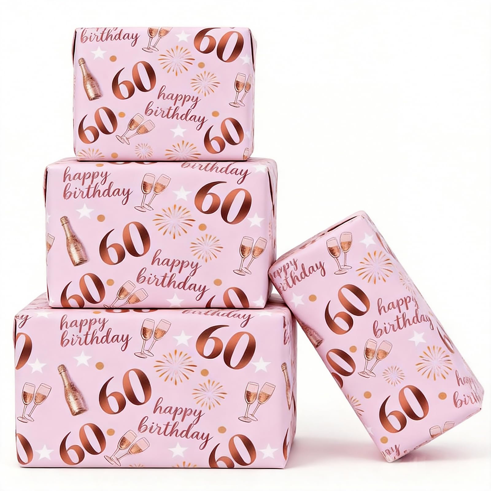 Jatidne 60th Birthday Wrapping Paper Women Pink and Gold Gift Wrap 60th Birthday Gifts for Women Pack of 6 — image 1