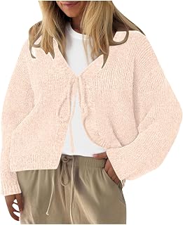 Women's Tie Front Crop Cardigan Sweater V-Neck Long Sleeve Open Front Loose Casual Knitwear Fall Winter Warm Coat
