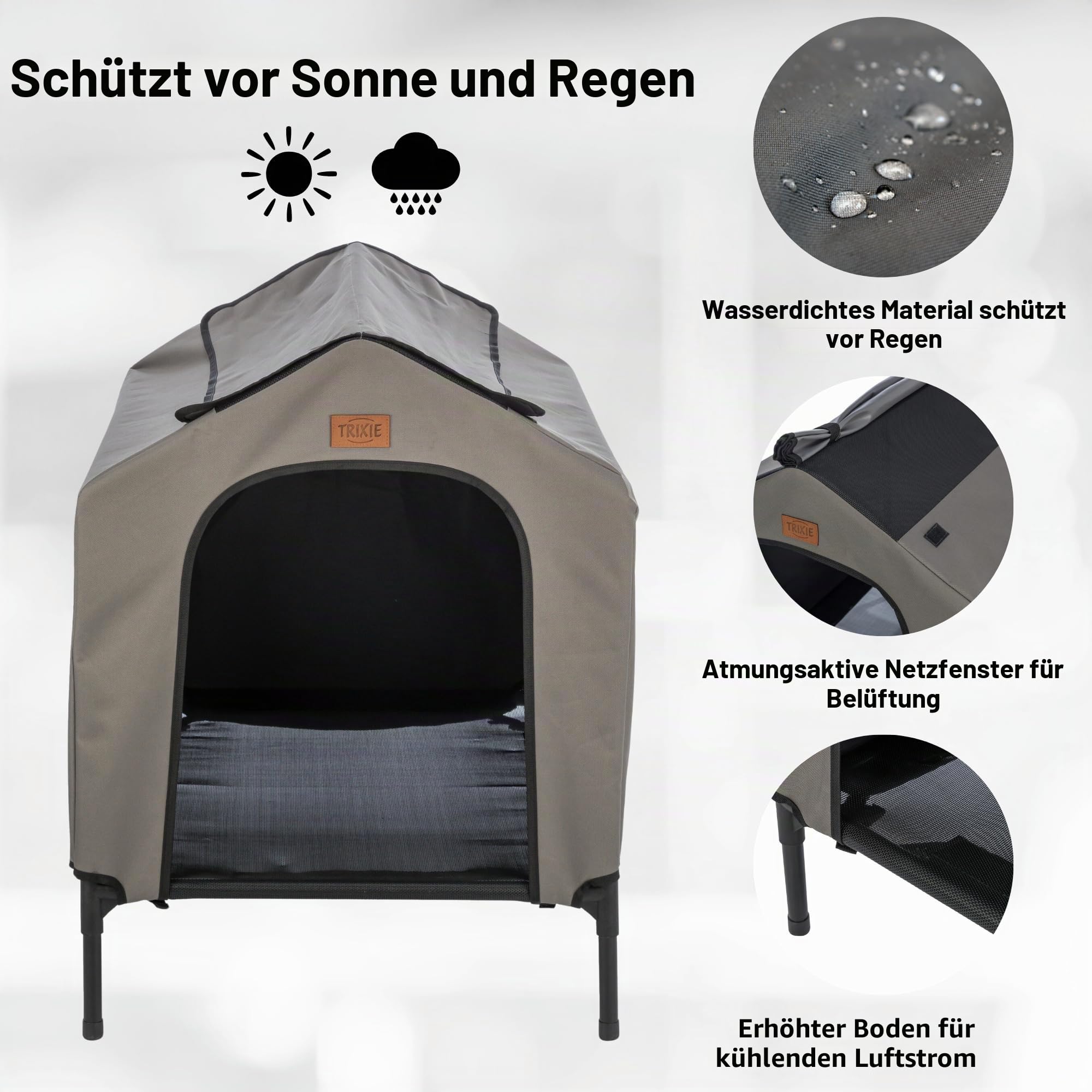 Trixie 2-in-1 Hundehütte und Hundebett, erhöhtes Zelt für drinnen und draußen mit abnehmbarer Abdeckung, wasserfest und UV-beständig, für kleine bis mittelgroße Hunde bis ca. 25 kg – 78 x 62 x 82 cm