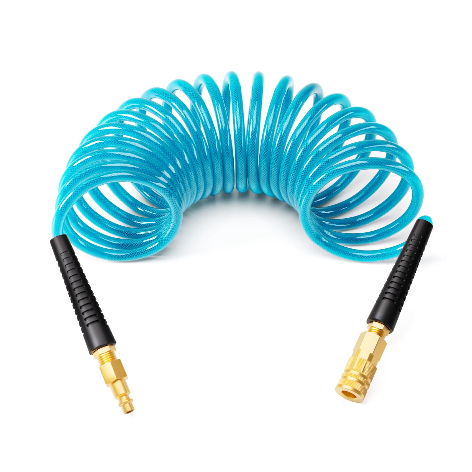 GASHER 1/4" 10FT Polyurethane Recoil Air Hose with Quick Coupler Plug Blue