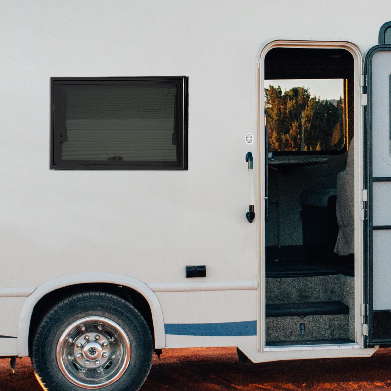 Finestra per camper Shalmidor con apertura a libro, angolo massimo di apertura 85°, finestra rettangolare per camper con tenda e zanzariera integrata, finestra esterna a spinta per camper, roulotte