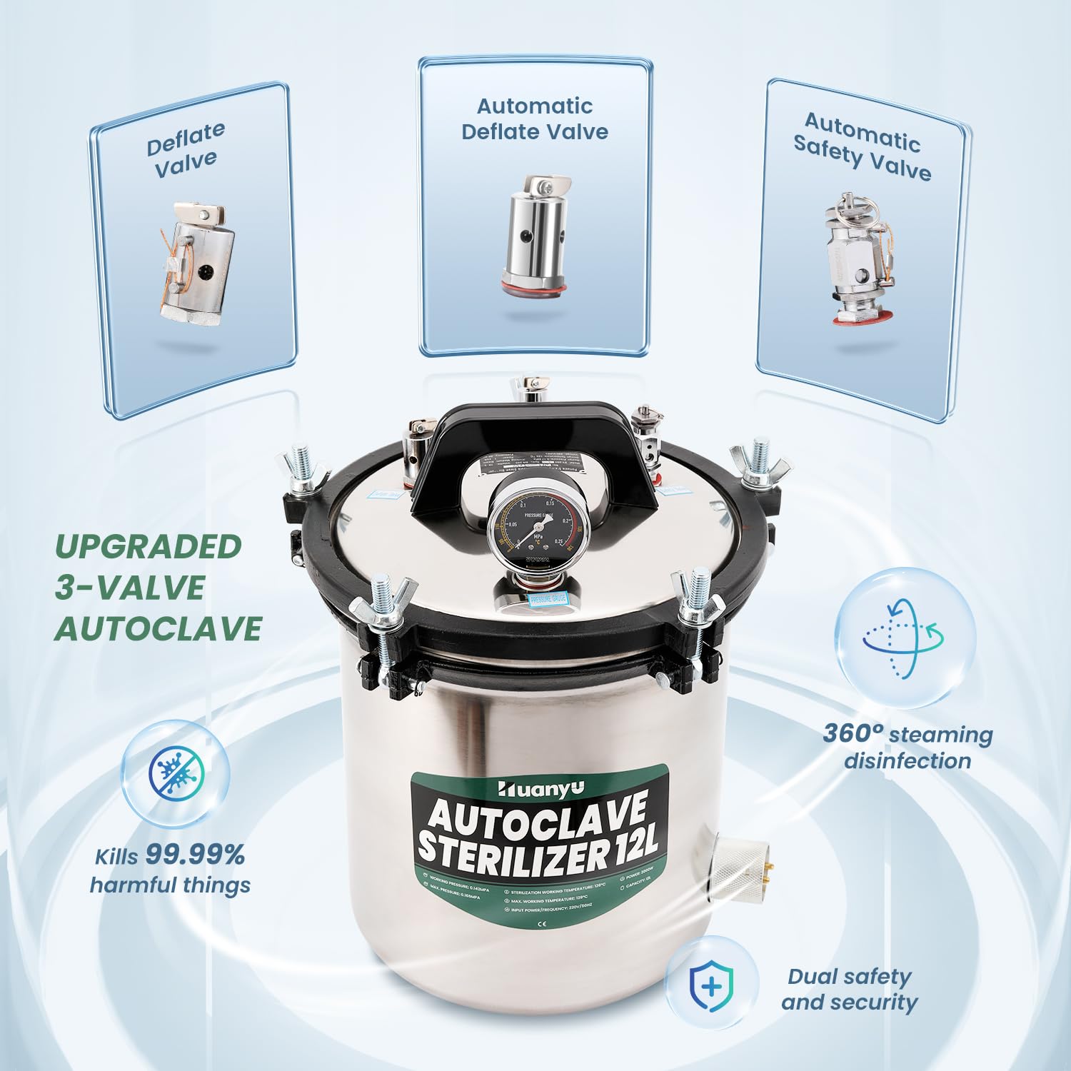 Huanyu 12L Autoklav Sterilisator mit 3 Ventilen Labor-Dampf-Autoklav Anti-Trocken-Brand Hochdruck-Dampf-Sterilisator für Labore Universitäten und Krankenhaus