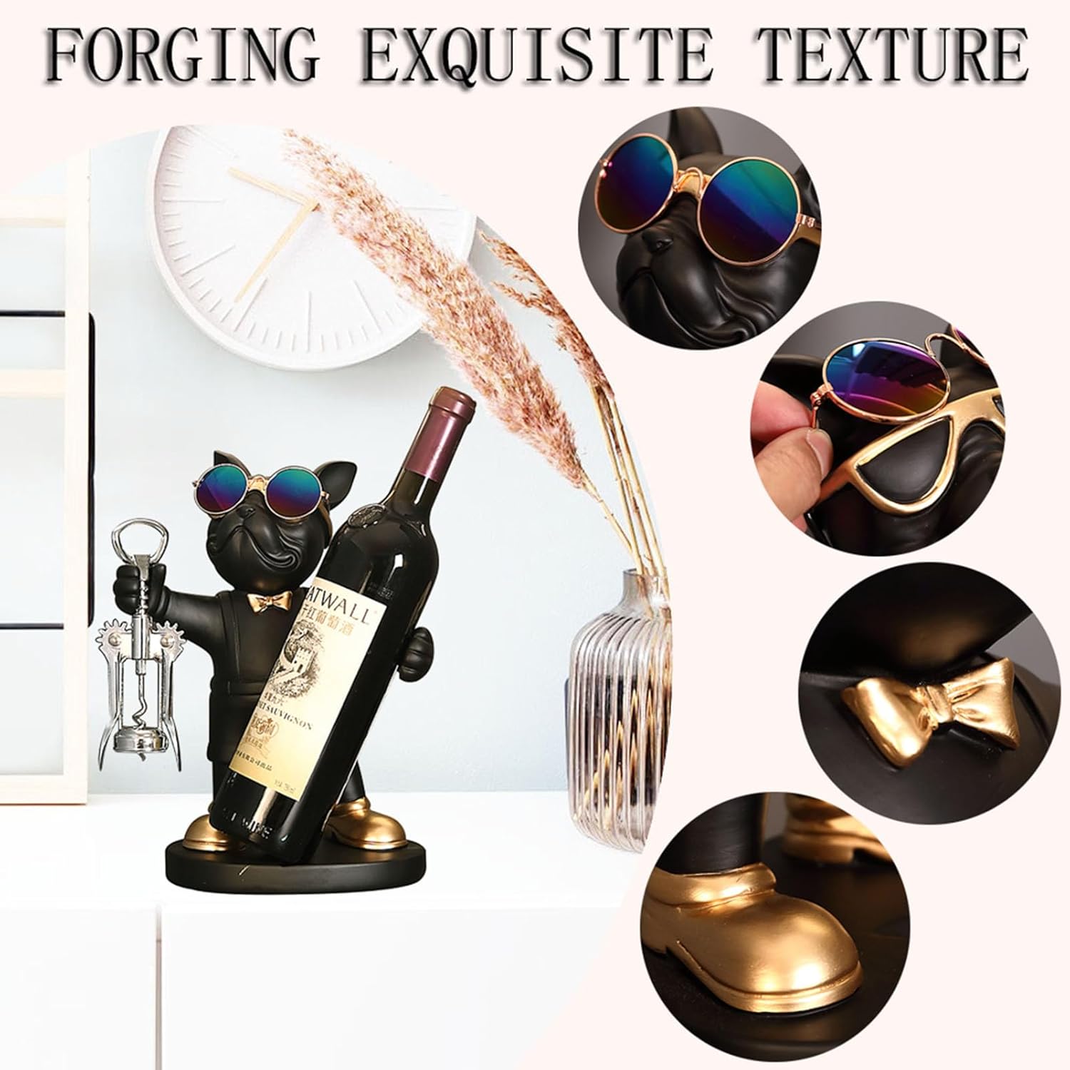 Wine Bottle Holder, Resin Wine Rack, Bulldog Sculpture Wine Holder Stand Decor for Kitchen Bar Countertop Tabletop Decor,Gray,21x13x28.5cm