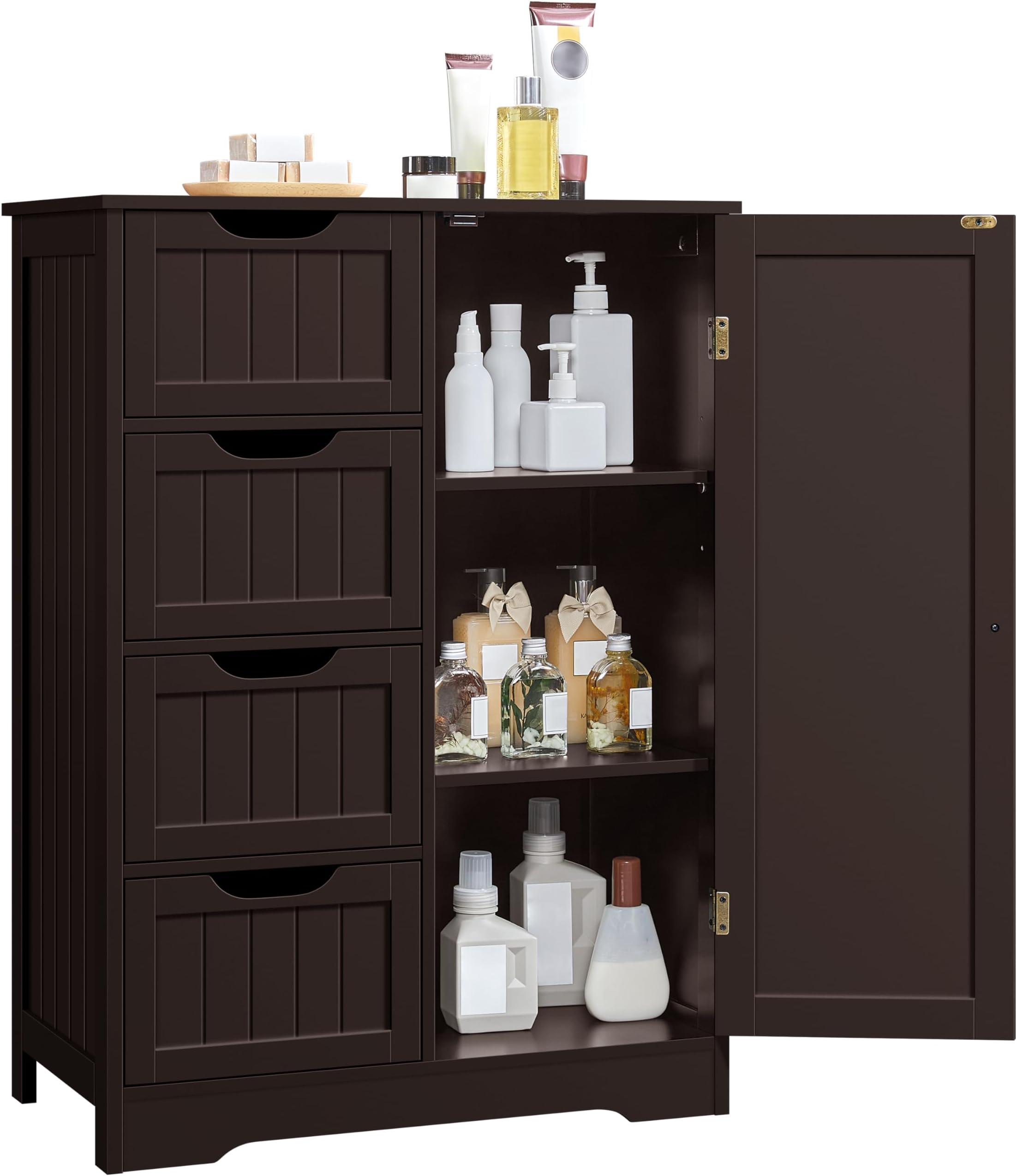 Large Bathroom Floor Cabinet with 4 Drawers and Single Door Cabinet, Freestanding Storage Cabinet for Living Room Kitchen Hallway, Espresso