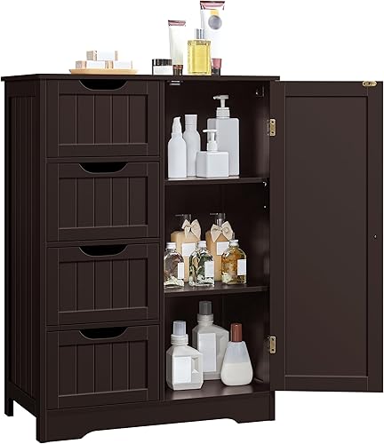 Yaheetech Large Bathroom Floor Cabinet with 4 Drawers and Single Door Cabinet, Freestanding Storage Cabinet for Living Room Kitchen Hallway,