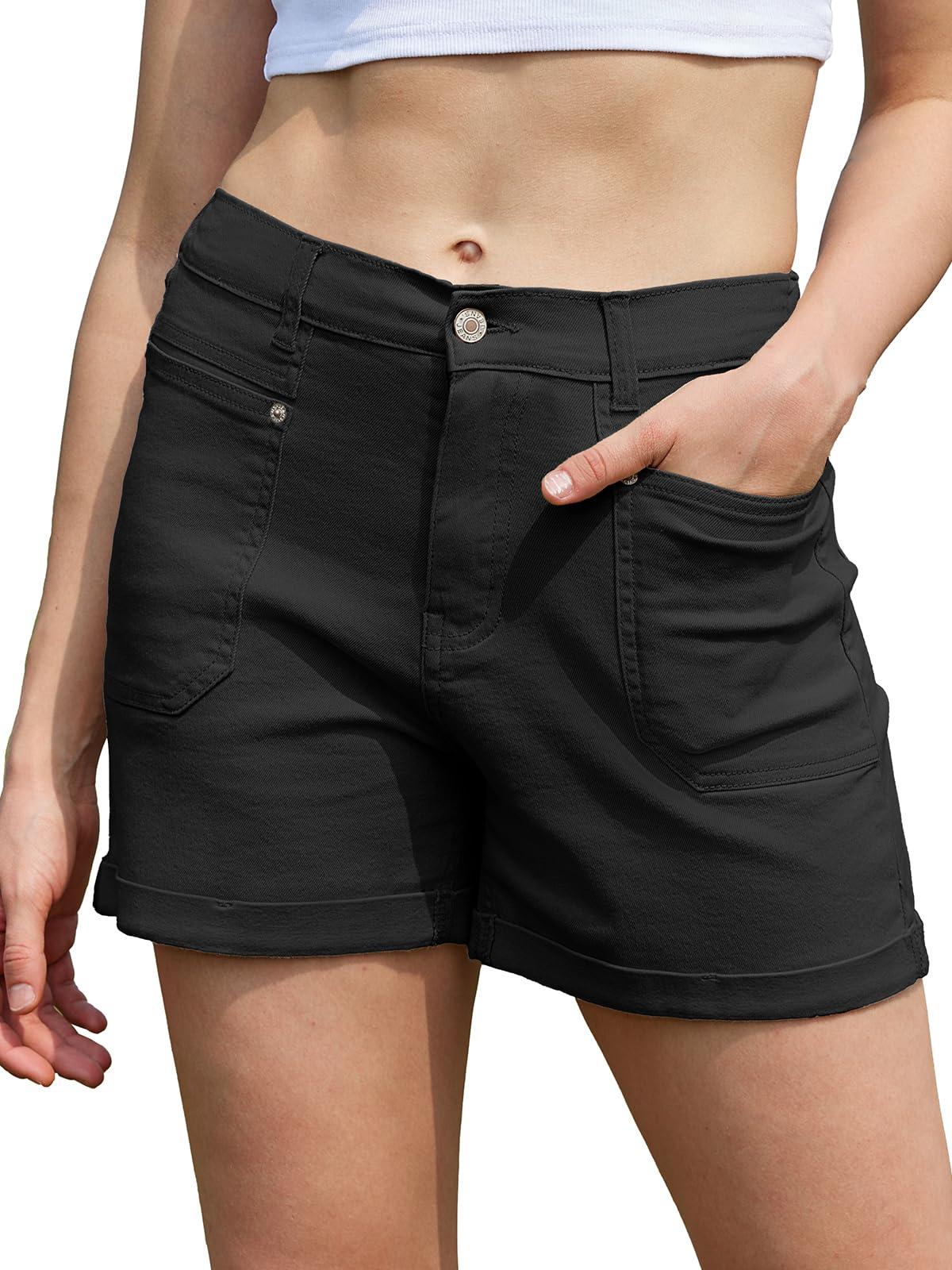 Rasutina Women High Waisted Jean Shorts Stretchy Denim Shorts for Women Folded Hem Chino Shorts Summer Jorts