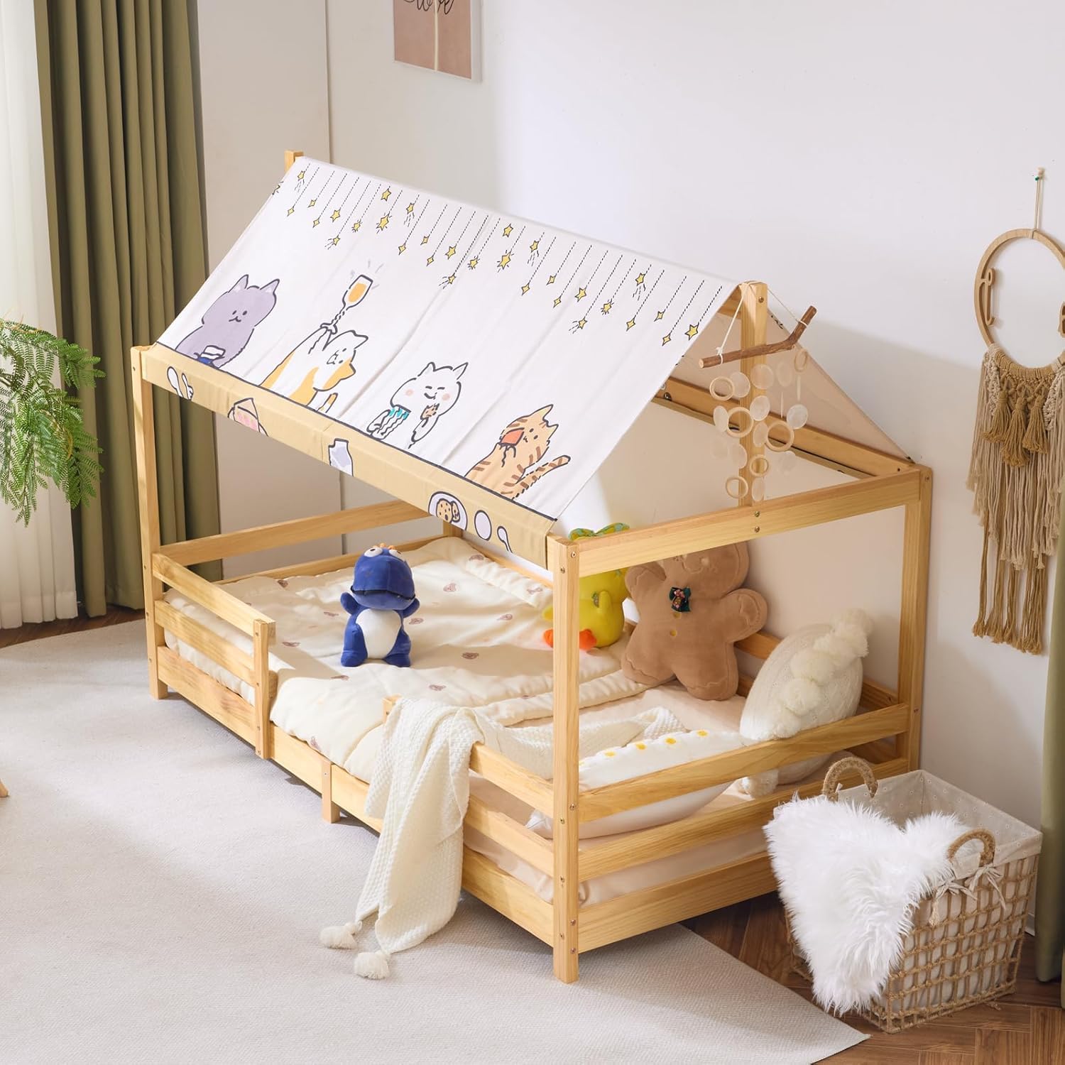 LEADZM Lit cabane Enfant 90x190 cm avec baldaquin en Tissu, sommier à Lattes, barrières de sécurité Enfant Bois en pin Forme de Maison Lit au Sol Montessori (Naturel)