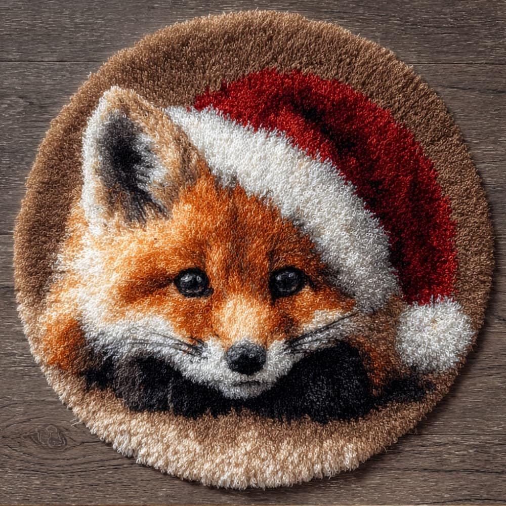 kitphoenix Round Shape Latch Hook Kits Rug Fox DIY Cushion Rug Carpet Making Crochet Hook Kits Preprinted Pattern Canvas Cushion Yarn Hooking Kits Mat Kits 50X50Cm