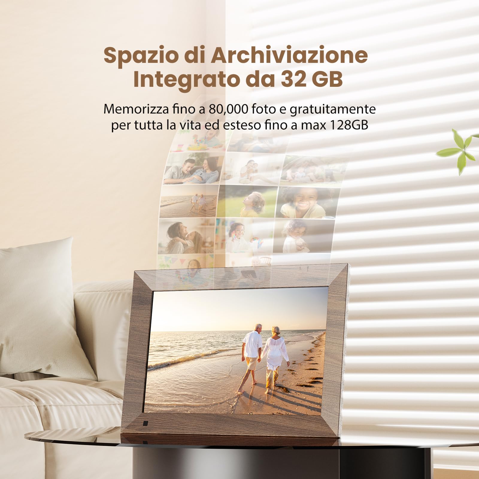 Marco de Fotos Digital WiFi 10.1 Pulgadas SONVGOO, Pantalla táctil IPS HD de 1280×800 con 32 GB, Sensor de Movimiento, Montaje en Pared, Comparte Videos y Fotos con La Aplicación FRAMEO, Marrón Madera