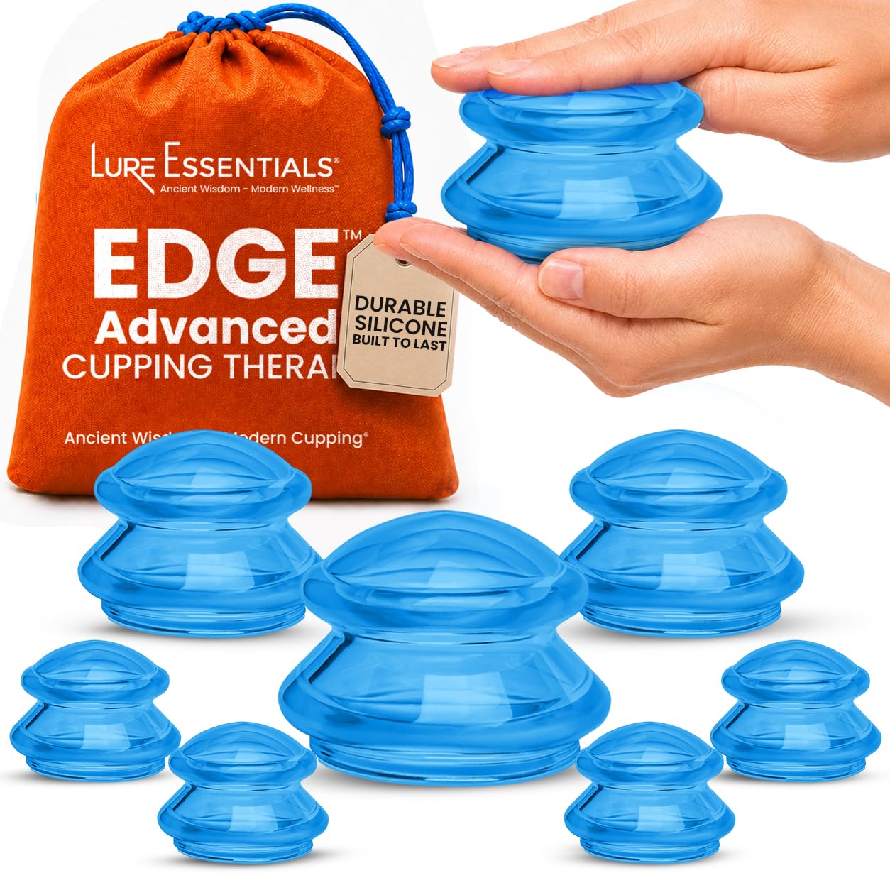 Lure Essentials Edge Silicone Cupping Set, Cupping Kit for Massage Therapy, Long Lasting Cups for Professional & Home Use, Body Sculpt Cup for Cellulite, Ultra Transparent Blue (8 Count)