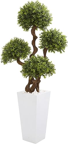 Nearly Natural Árbol topiario artificial de boj de 55 pulgadas con cuatro bolas en maceta blanca alta
