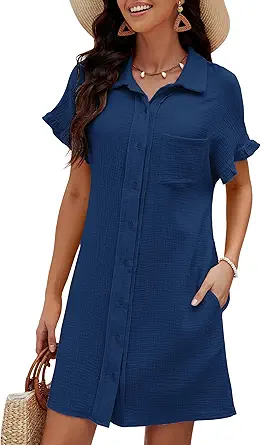 luvamia Womens Beach Cover Up Dress Cotton Button Down Shirt Dresses Casual Ruffle Sleeves Summer Dresses with Pockets
