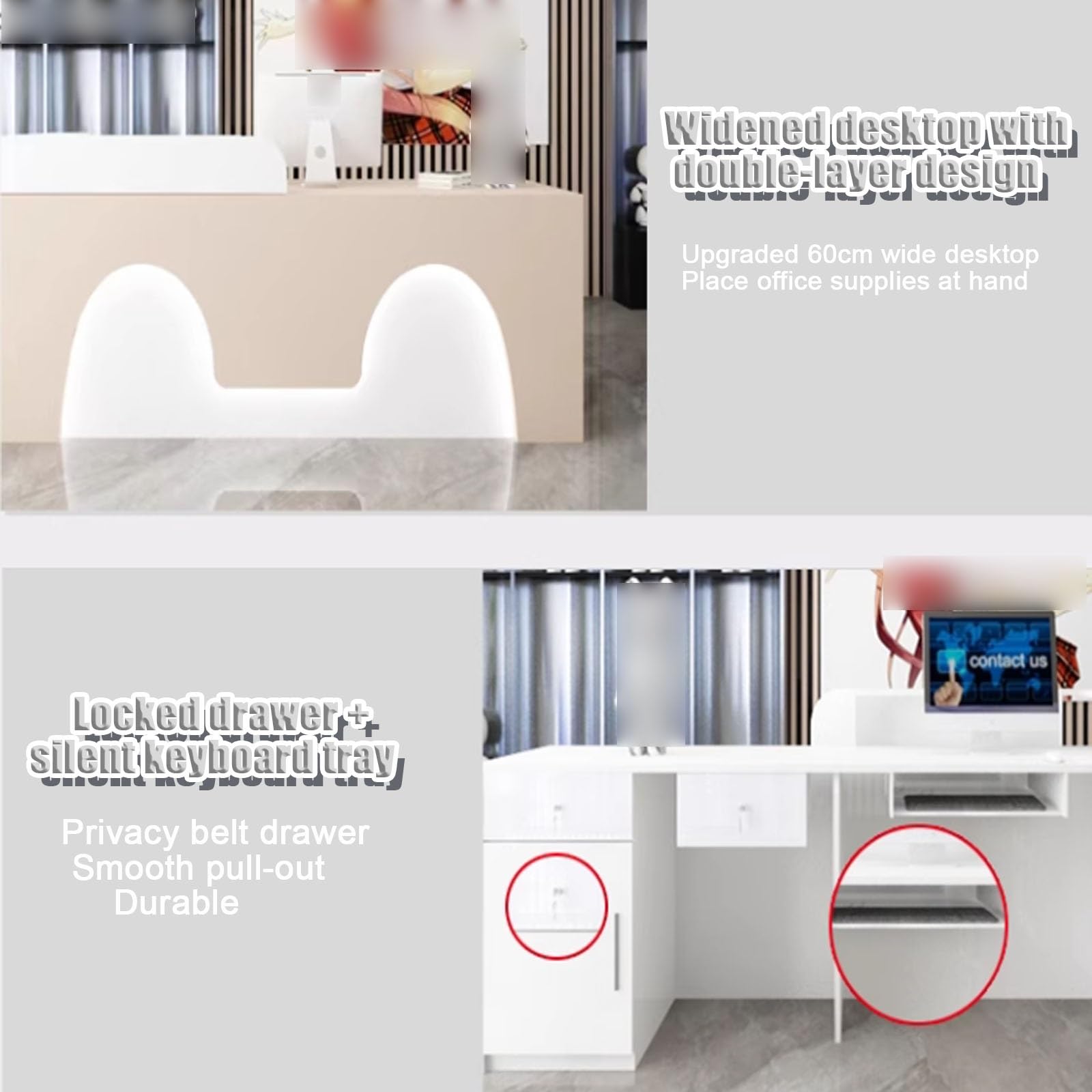 Nowoczesne biurko recepcyjne LED z szufladami elegancki blat przedni do biura i salonu piękności rozwiązanie do przechowywania biały i pomarańczowy prawa strona 100 cm
