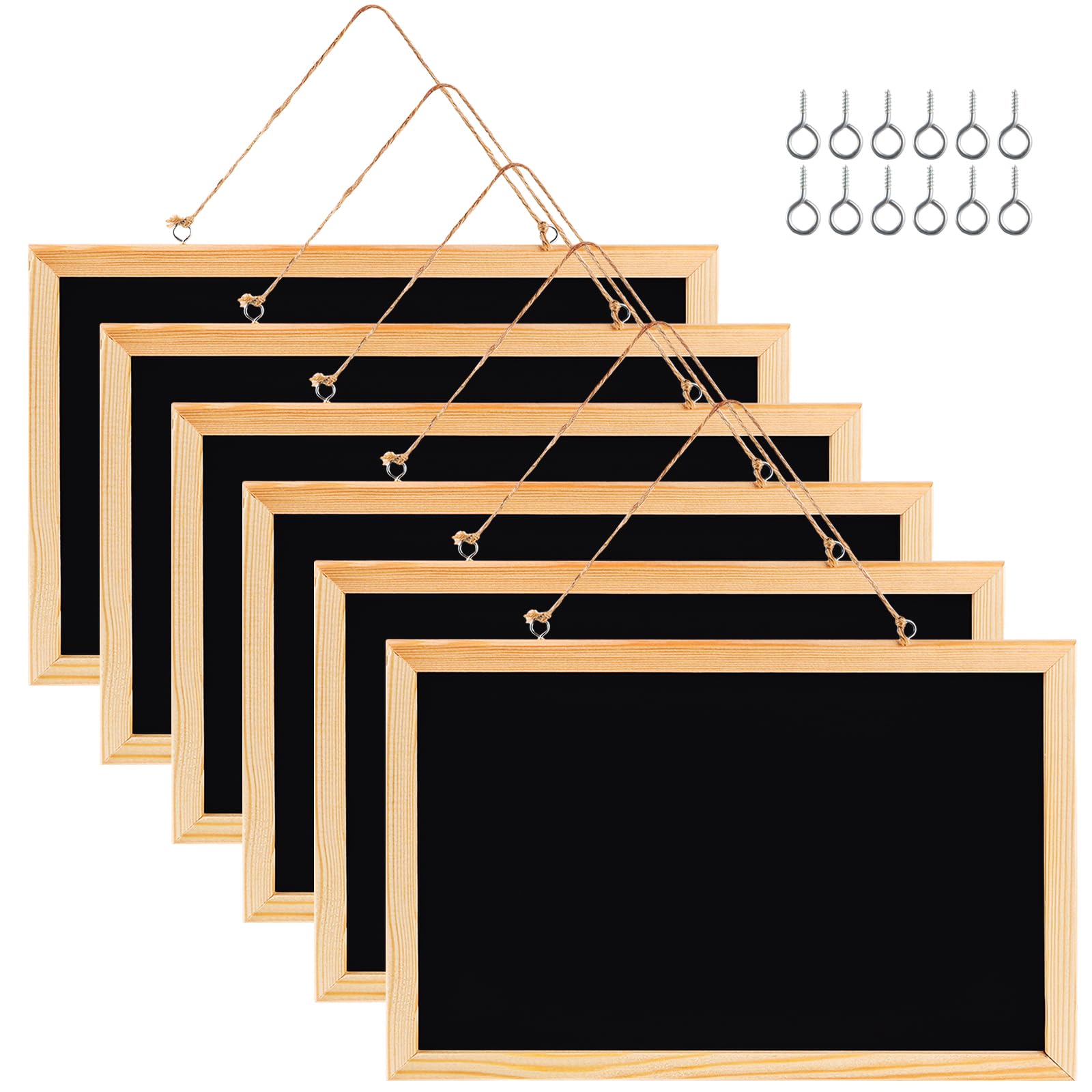 6 Unidades Pizarra de Tiza con Marco de Madera, 30 x 20 cm Pizarra de Madera con Cuerda y Ganchos, Pizarras Negras para Escribir para Cocina, Menú, Escuela, Bar, Decoración