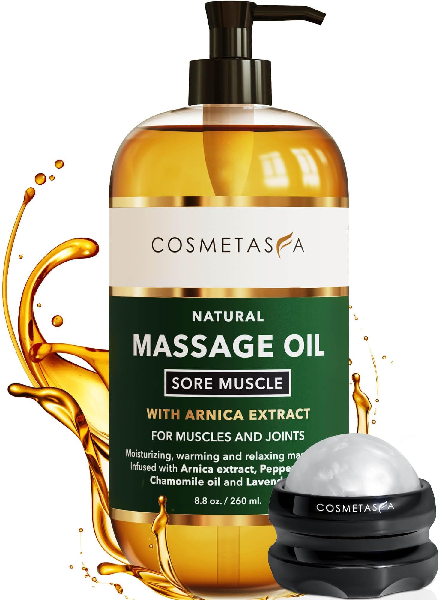 Cosmetasa Massage Oil for Sore Muscle Massage Therapy with Roller - All Natural, Cruelty-Free Massage Oils for Muscle Relaxing & Joint Comfort - Arnica Extract with Lavender & Chamomile Oil (8.8 oz)