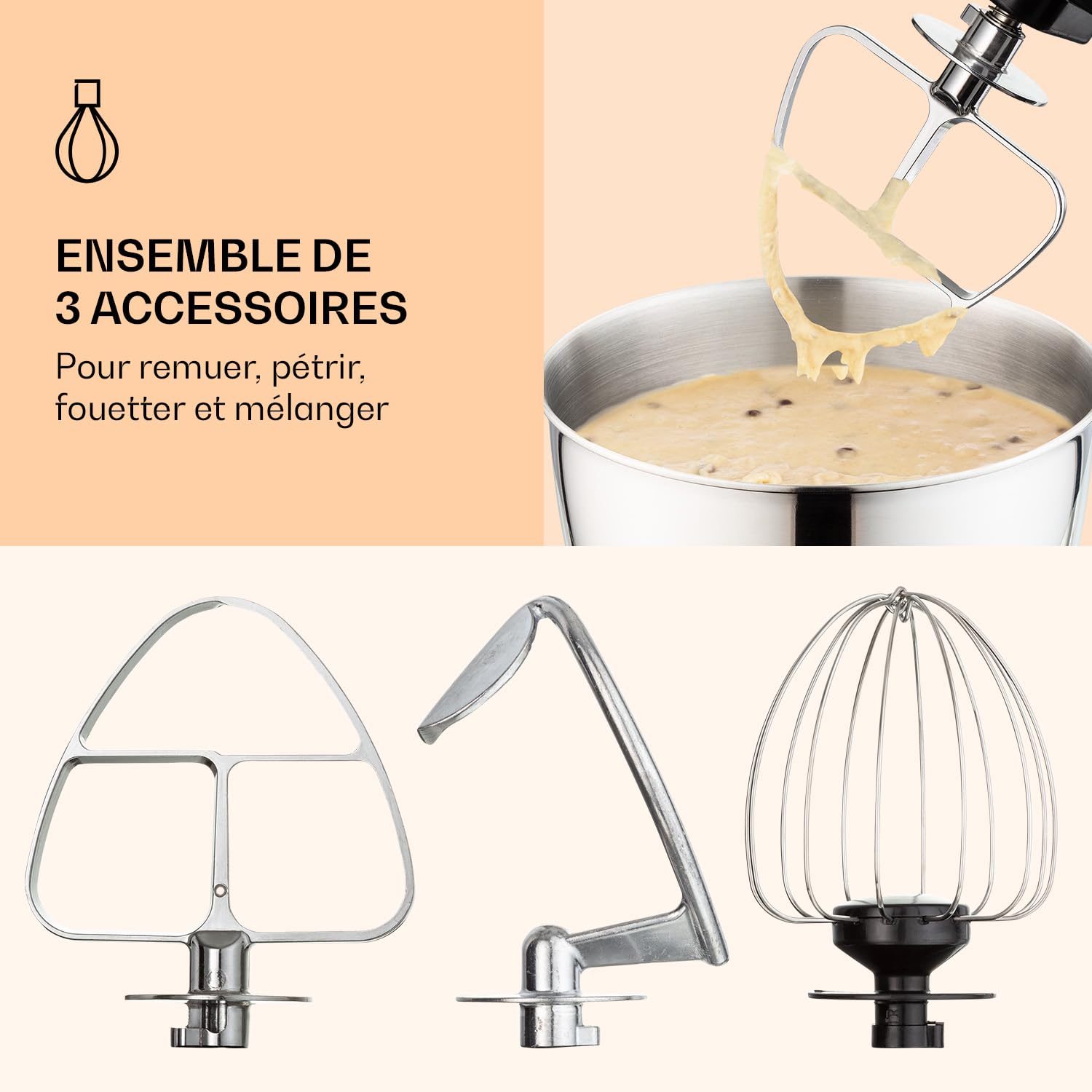 Klarstein Bella Robot Patissier 1200 W, Bol Inox 4 L, Systeme de Melange Planetaire, 6 Vitesses, Fonction Pulse, 3 Accessoires, Creme