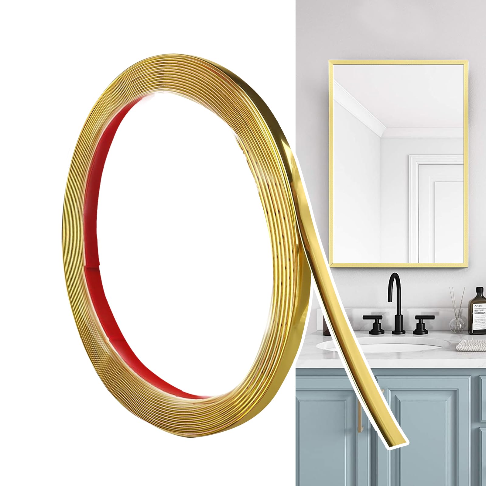 Hengrongshen Self Adhesive Moulding Trim Matte Gold (6M x 0.65cm) Flexible PVC Peel and Stick Wall Trim Decorative Edge Strip for Wall, Tile, Mirror, Window, Cabinet, Bathroom, DIY Trim — image 1
