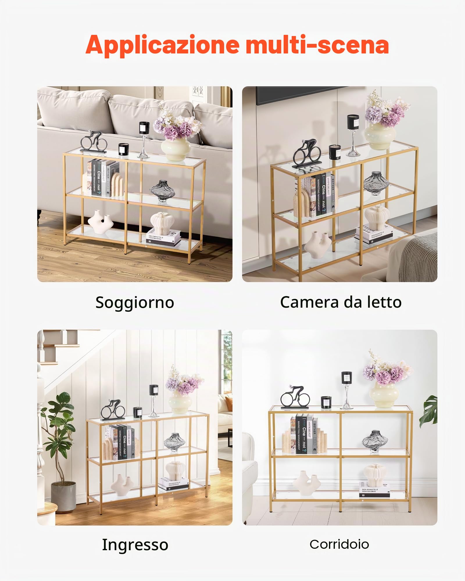 VEVOR Tavolo Consolle in Vetro a 3 Livelli 100 x 30 x 72,9 cm Moderno Tavolino Rettangolare con Piano in Vetro Temperato e Gambe in Ferro, Dispositivo Antiribaltamento per Soggiorno, Ingresso, Dorato