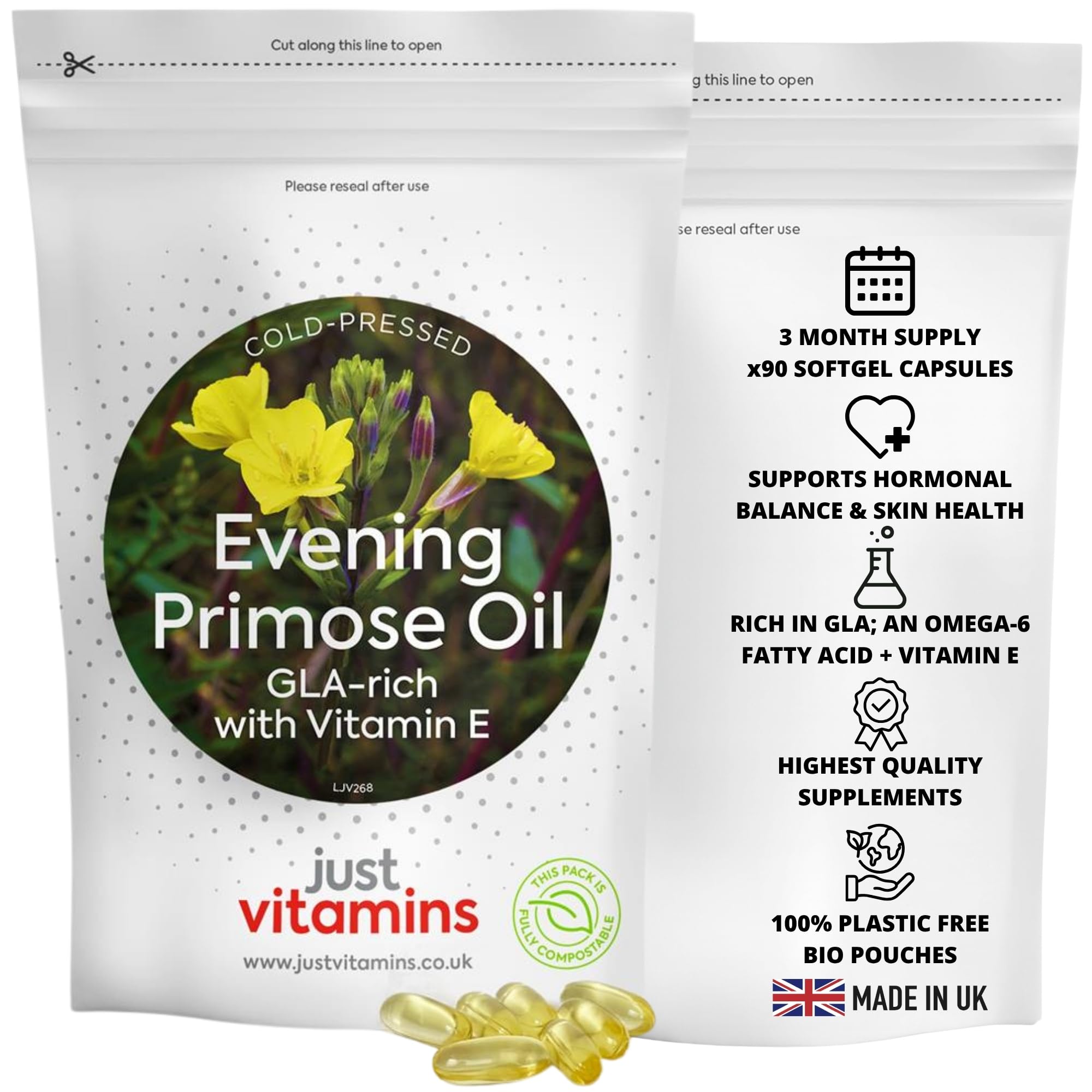 Evening Primrose Oil 1000mg | Cold Pressed | with Vitamin E, Omega 6 & 80mg GLA | 90 Softgel Capsules | for Skin, Hormonal & Joint Support | UK Made - Just Vitamins