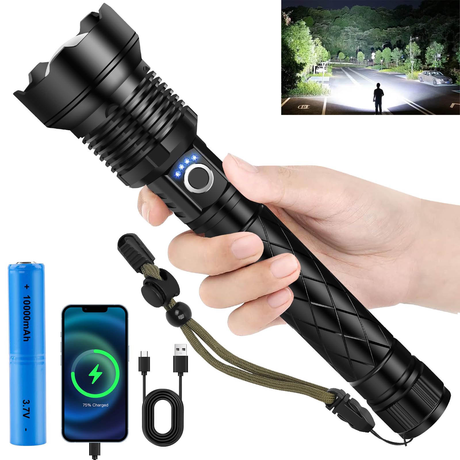 SIDARK Torcia LED 50000 Lumen Ricaricabile, Zoomabile, Tattica Con 5 Modalità, Impermeabile IPX7, Per Campeggio Ed Emergenza