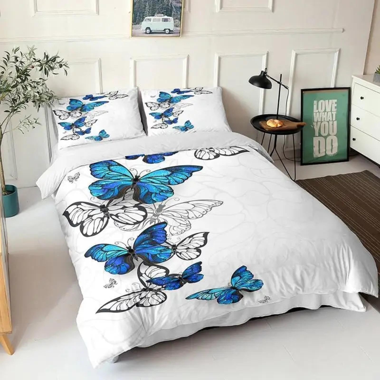 Parure de couette enfants et adolescentes motif papillon bleu lit deux places Queen size