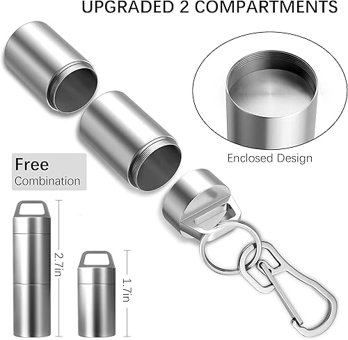 Miniatura 3 de ZXLLM Pastillero portátil, llavero para pastillas, llavero impermeable de titanio de bolsillo, 2 compartimentos, pastillero de metal EDC