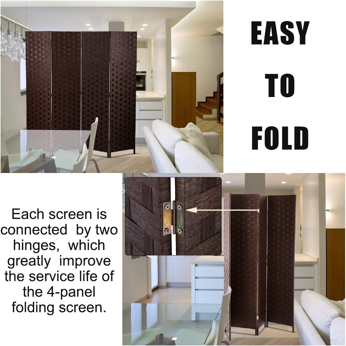 Meet Perfect 4-Panel Room Divider Privacy Screen,6 FT Wooden Woven Folding Screen,Foldable Mesh Wall Divider, Freestanding Room Partitions/Separator/Dividers Double-Weaved with Two-Way Hinges- Brown