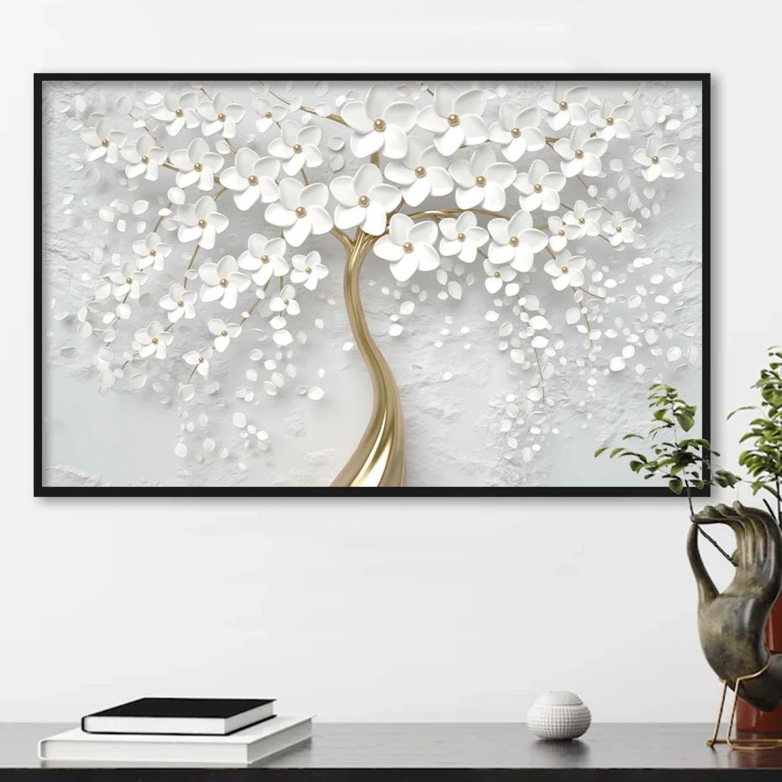 Toile fleurs blanches d'arbre doré 70x100 de qualité supérieure