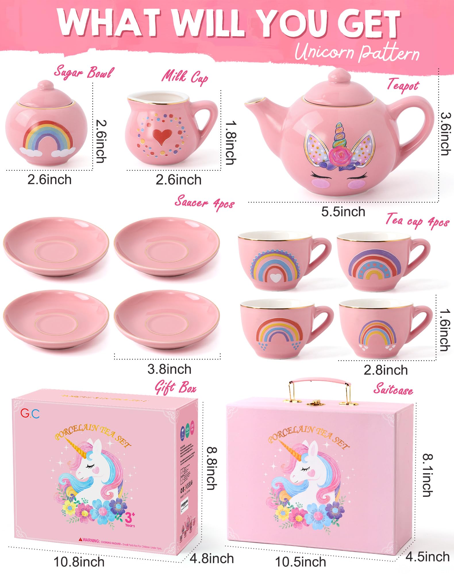Juego De Té De 36 Piezas Con Estuche De Transporte – Unicornio, Postres Y Accesorios Para Fiestas Infantiles
