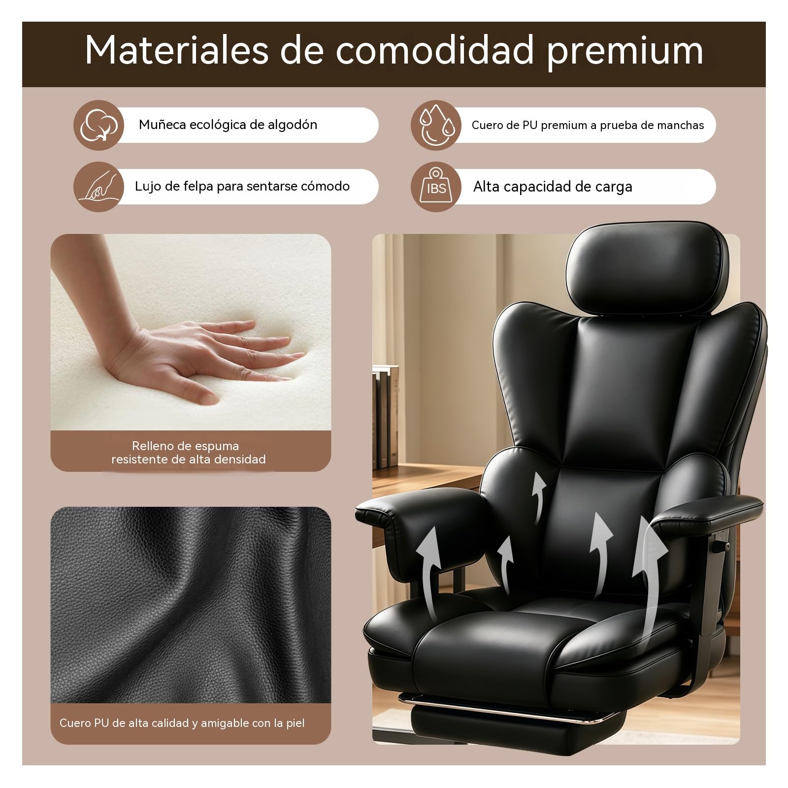 Silla Oficina Ejecutiva,Respaldo Alto En Cuero PU Giratoria con Reposa-pies,Diseño Ergonómico Reclinable con Soporte Lumbar Y Reposabrazos Ajustables para Hogar O Gaming (Negro)
