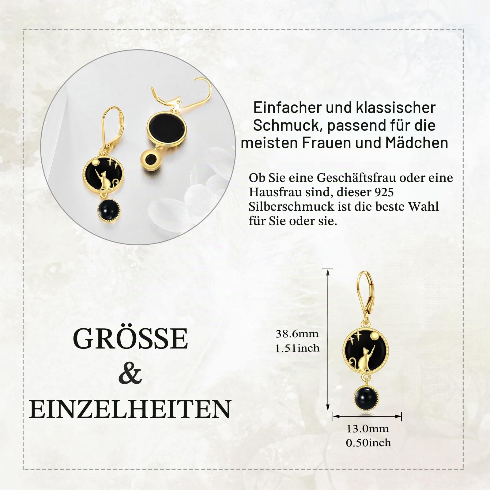 Schwarze Onyx Katze Ohrringe Sterling Silber - 18 Karat Vergoldete Leverback Tropfen Schmuck Geschenke für Damen Mädchen