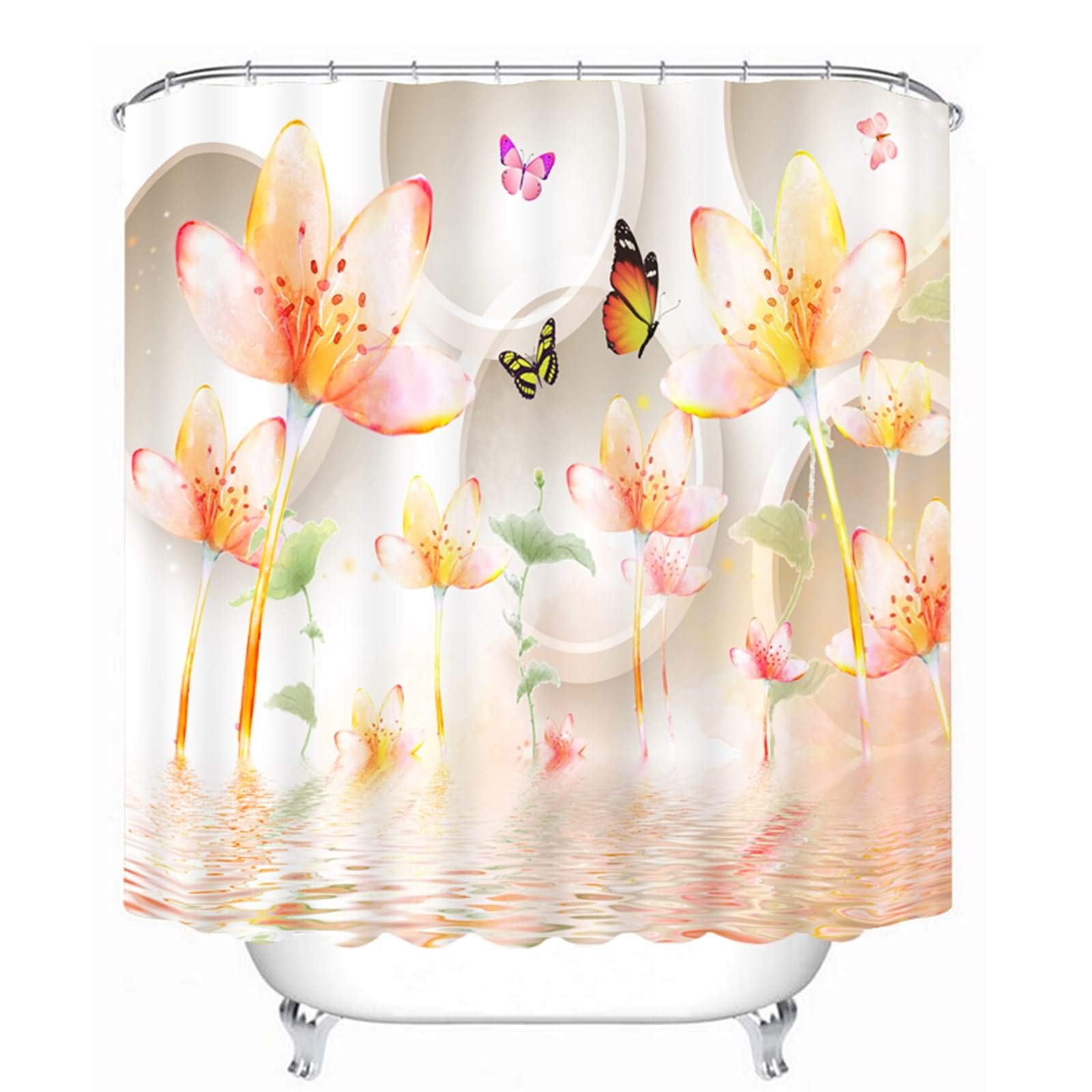 Rideau de douche japonais 200x180 papillon orange et blanc KnSam en tissu imperméable