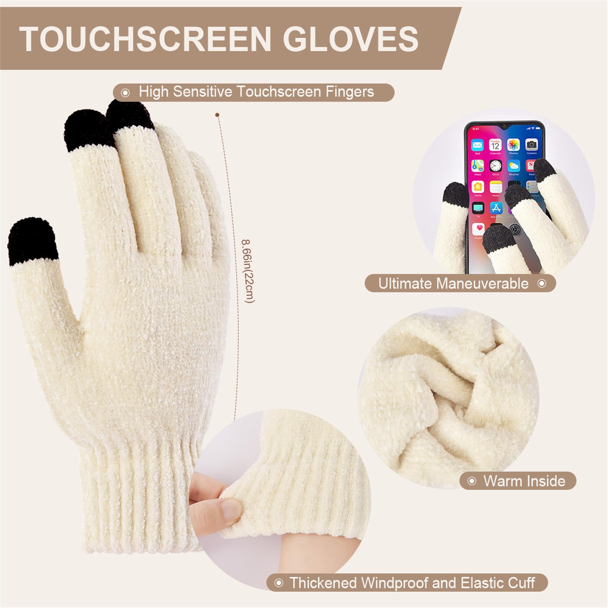 LackBlue Damen-Wintermütze, Schal, Touchscreen-Handschuhe, gestrickt, warm, Totenkopfmützen, langer Halstuch, Schal für Damen und Herren