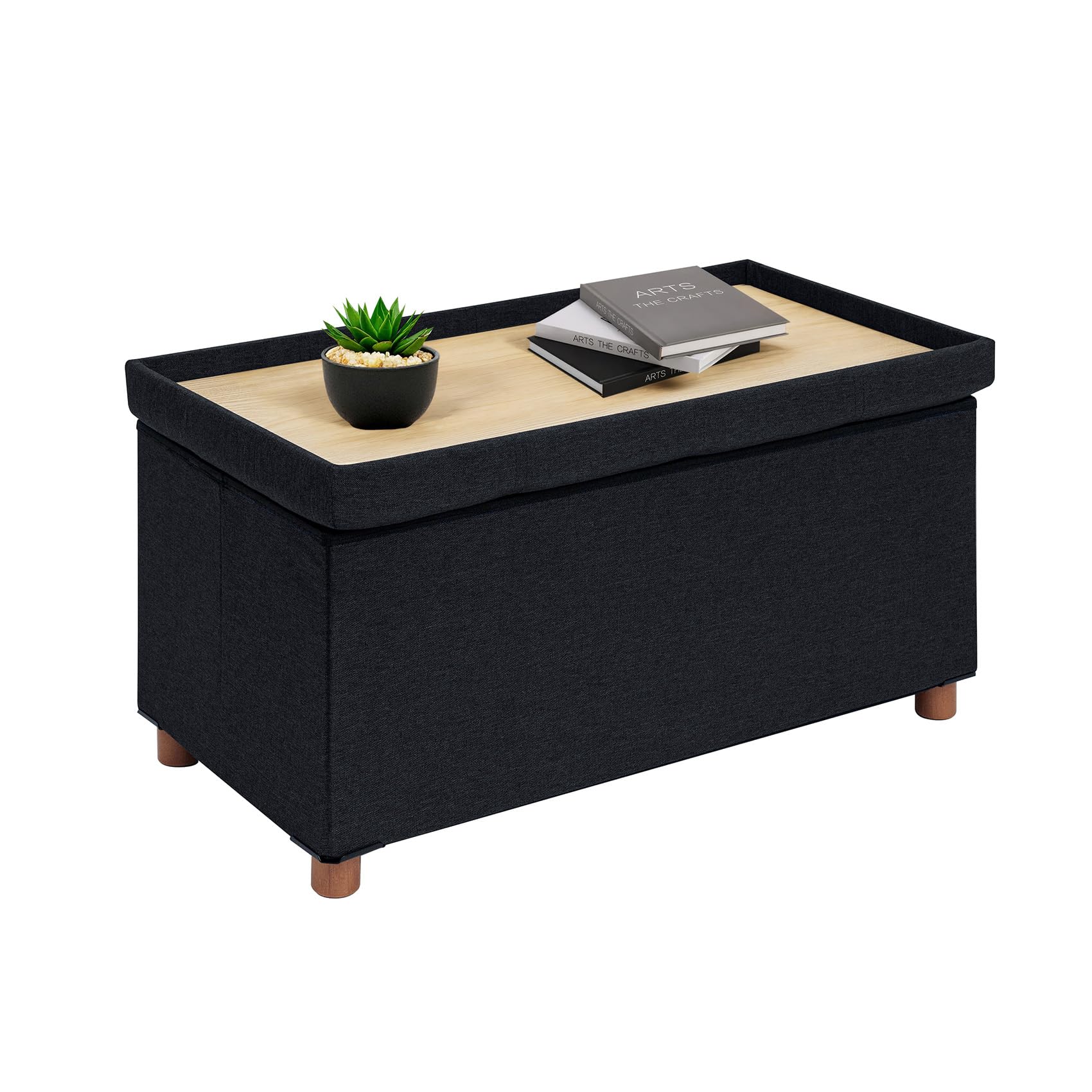 Bonlife Footstool for Living Room,Black Ottoman Storage Box with Tray,Folding Ottoman Coffee Table with Storag,76x38x38cm