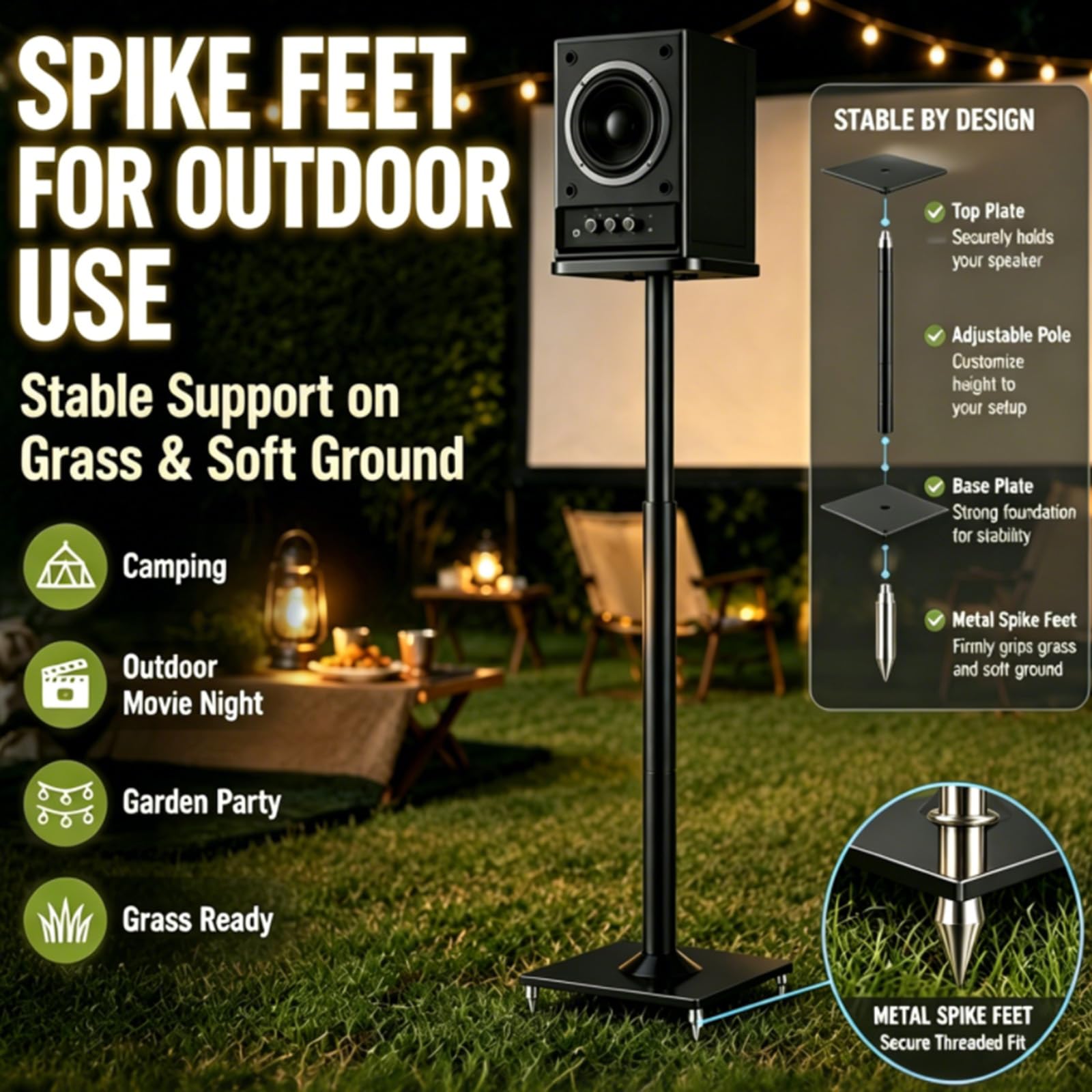 Supporti per diffusori, set di 2 supporti da pavimento universali per diffusori surround, regolabili in altezza da 72 a 120 cm, portata di 25 kg ciascuno, sistema di gestione dei cavi, antiscivolo
