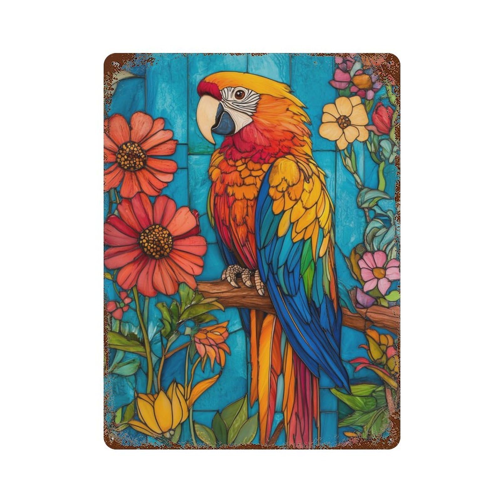 Vintage Rust Metal Sign with Colorful Parrot Stained Glass Artwork Design 15.7"x11.8", for Shed, Workshop And Garage Wall Decor, Retro Wall Decor