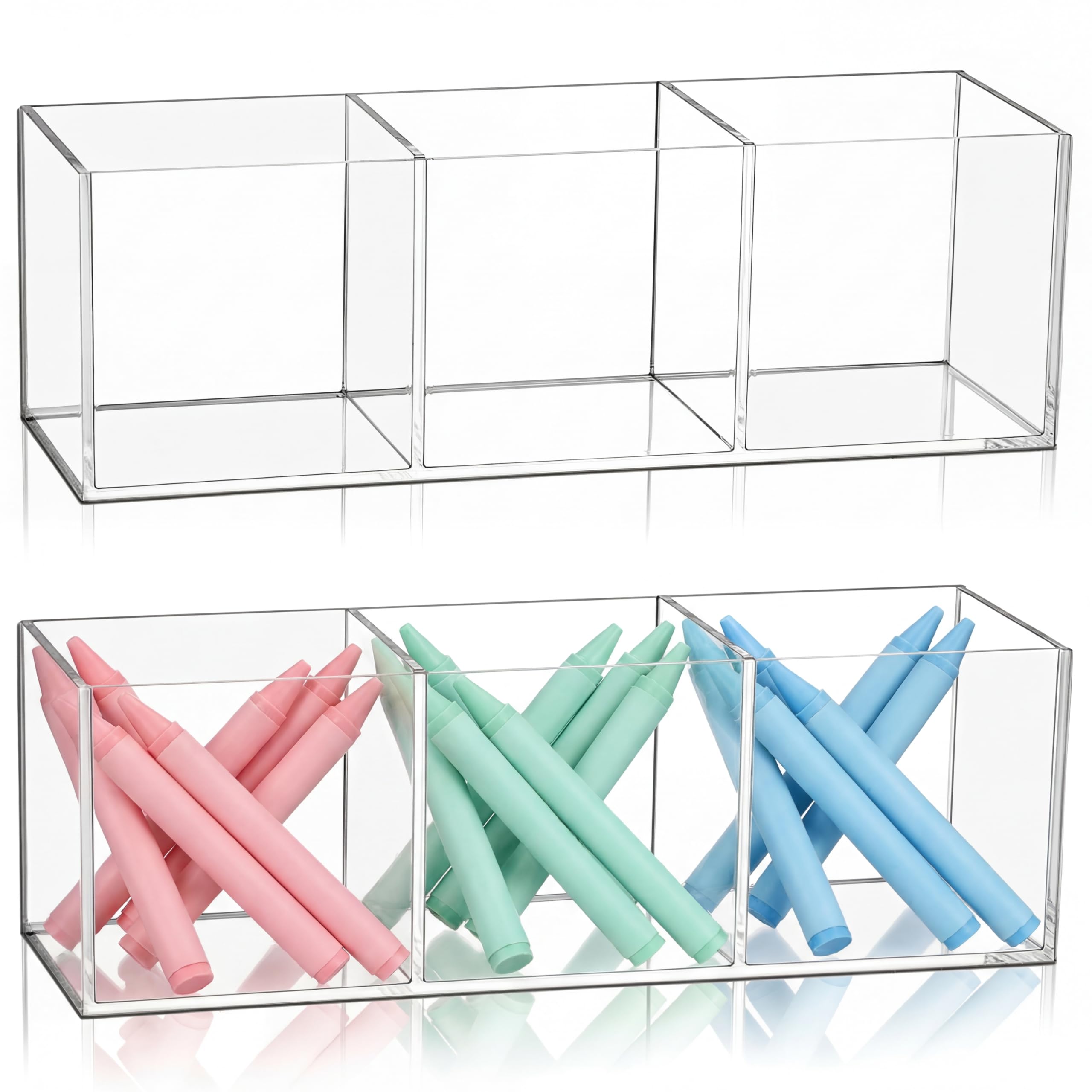 Epakh 2 Pieces Acrylic Cube Organizer 3 Compartments Clear Acrylic Pencil Holder Makeup Brush Drawer Organizer for Desk, Office, Vanity