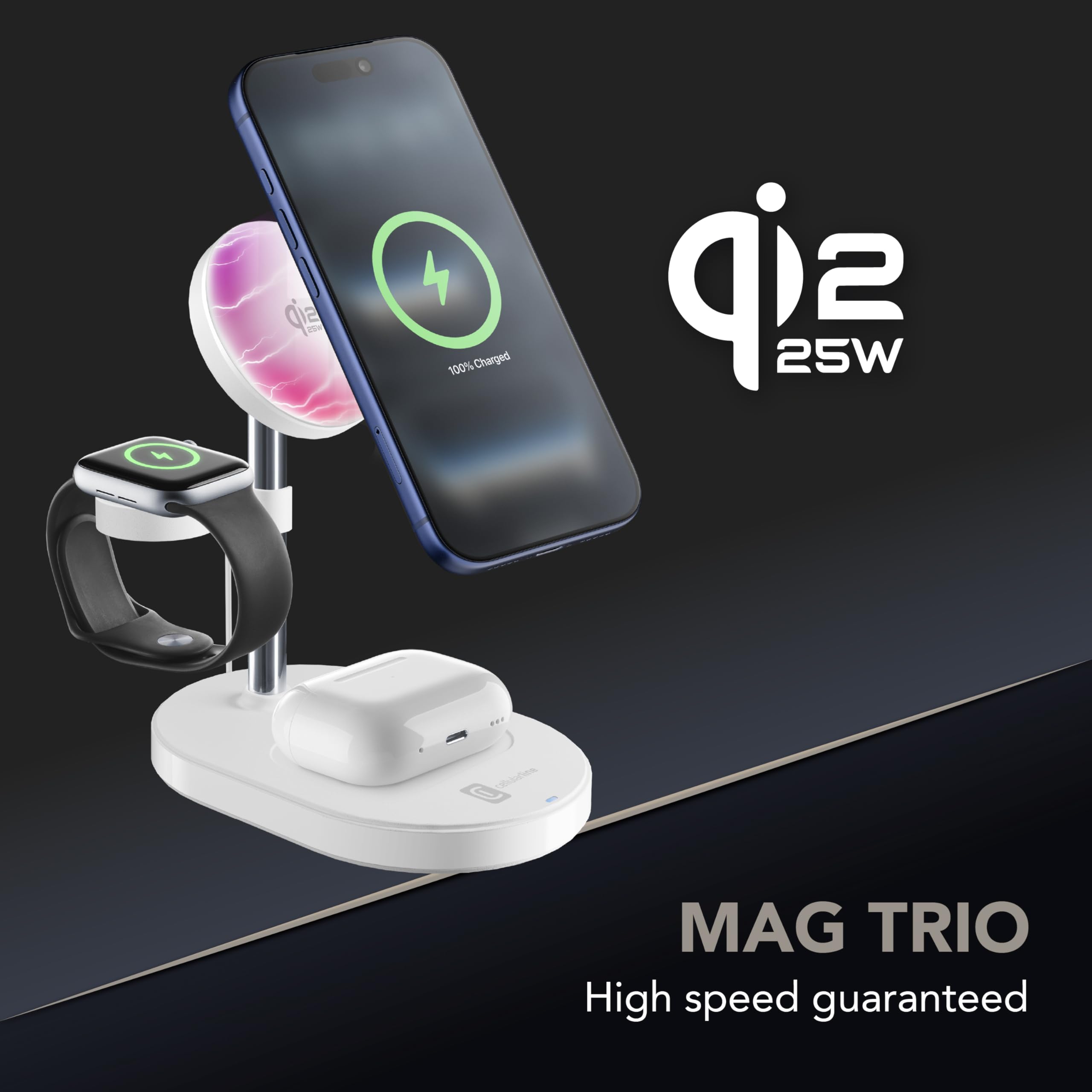 Cellularline MAG TRIO Bezprzewodowa ładowarka magnetyczna - stacja ładująca 25 W 3 W 1 - z certyfikatem Qi2.2 - zasilacz 45 W i kabel USB-C 150 cm w zestawie - biały