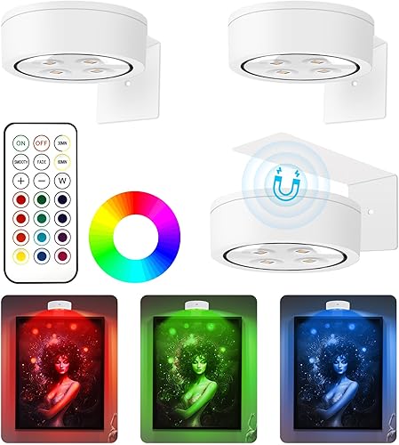 3 luces de imagen que funcionan con pilas, luz LED magnética de 13 colores RGB para marcos de fotos, luz de pintura inalámbrica con control remoto,