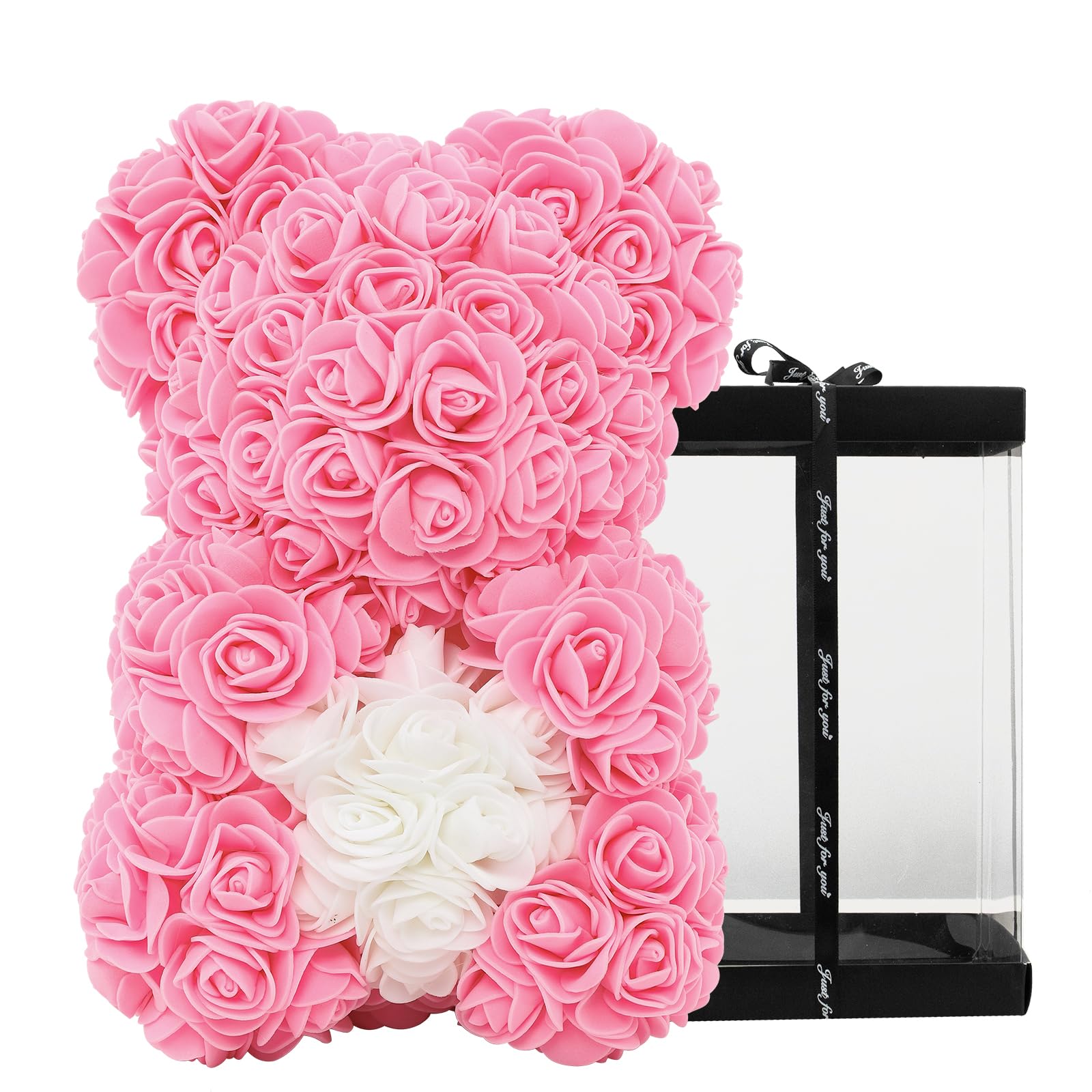 DuHouse Rose Bear Rose Teddy Bear Flower Gift Black Box for Valentines Gifts Anniversary Christmas, Birthdays Bridal Showers - Fully Handmade 10 inch Flower Bear Clear Gift Box (Pink-White Heart) — image 1