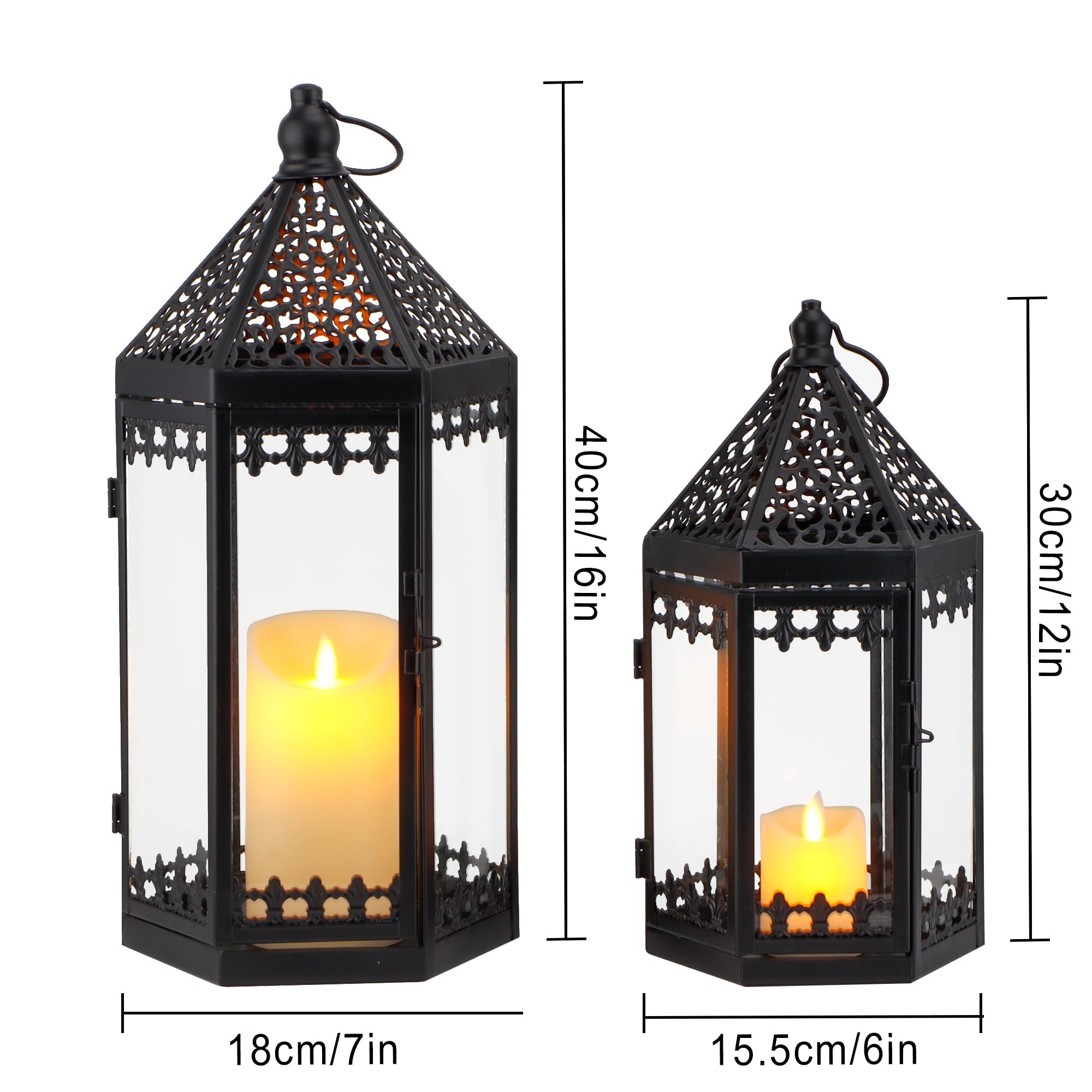 TRIROCKS 2er Set Dekorative Laternen 40/30 cm hohe Metall-Kerzenhalter Windlicht zum Aufhängen mit gehärtetem Glas für Innen Außenbereich Heimdekoration Garten Terrasse Partys Hochzeiten (Schwarz)