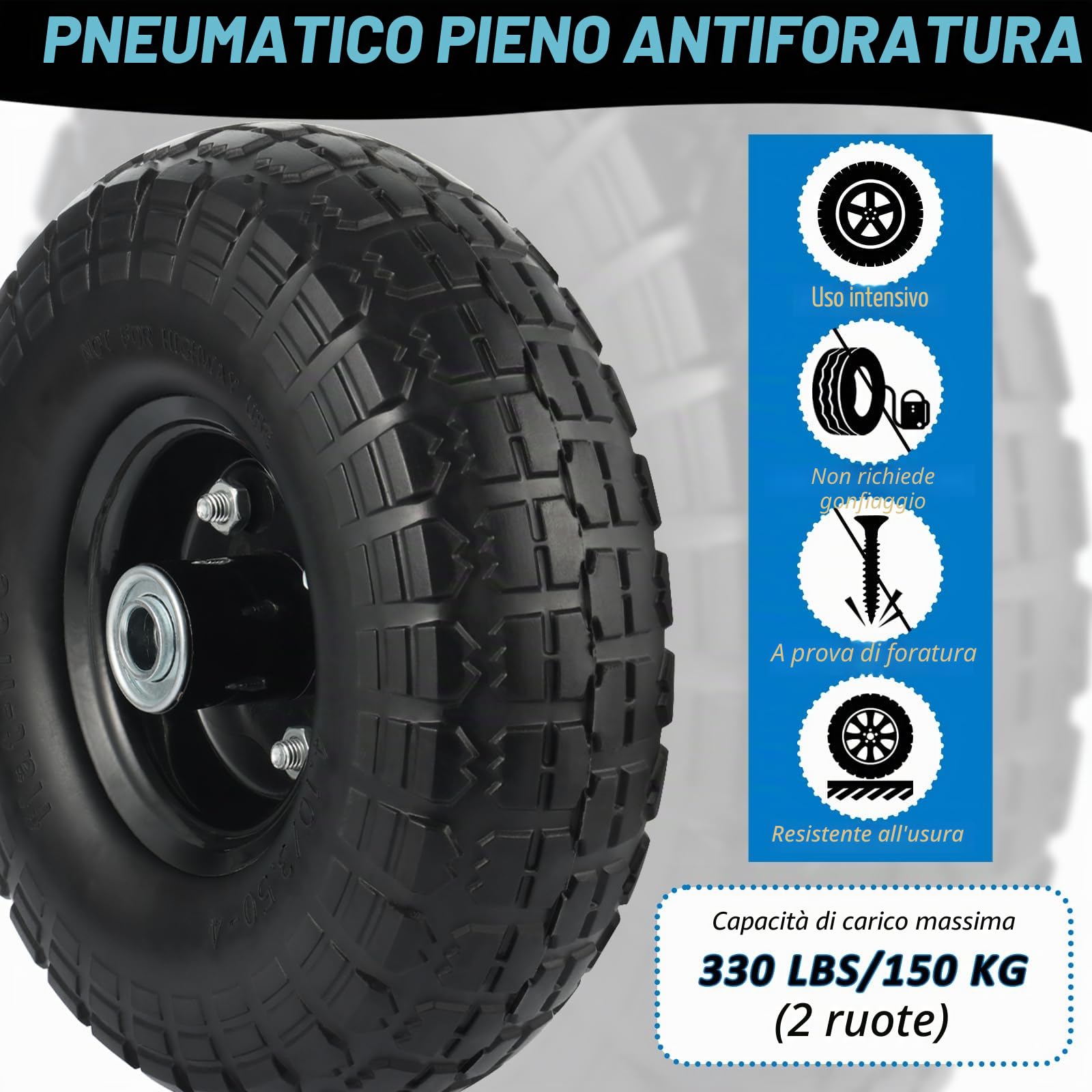 Rainmae 2 x ruote in poliuretano, 260 mm, 3.00-4, asse da 16 mm, ruota per carriola, in gomma piena, di ricambio, a prova di foratura, cerchione in acciaio