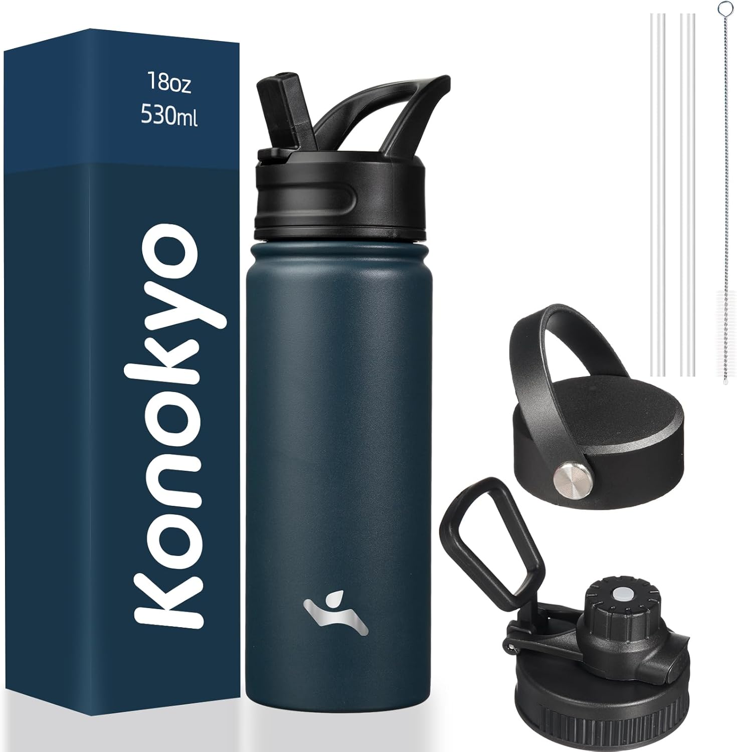 Konokyo Insulated Water Bottle with Straw,18oz 3 Lids Metal