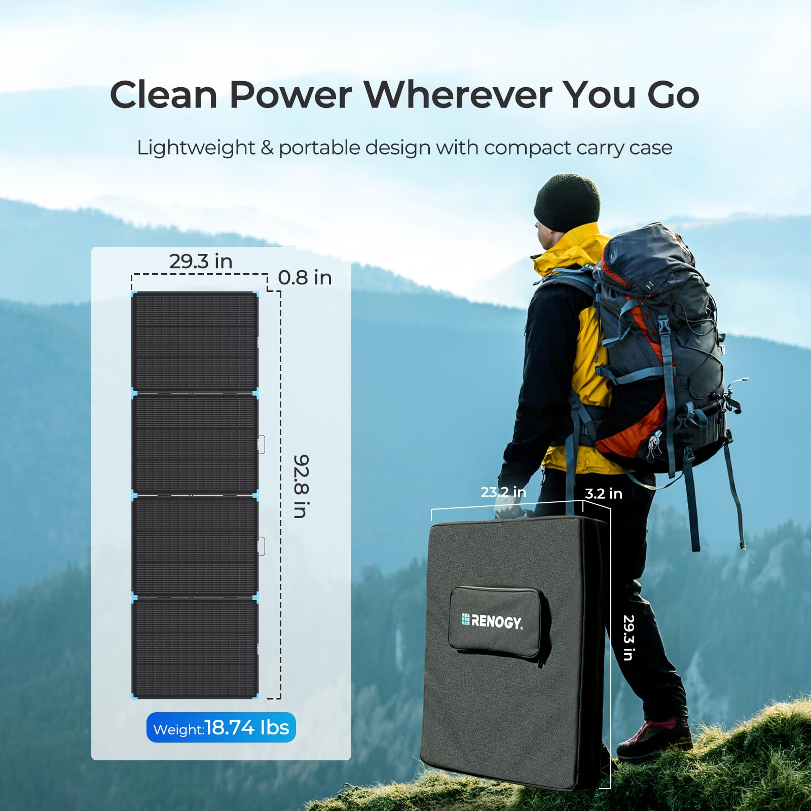 Renogy Paneles solares, 300W, maleta solar ligera y portátil, tipo N 25%, panel solar plegable de alta eficiencia, instalación rápida con muletas, sellado IP67 para autocaravana, camping