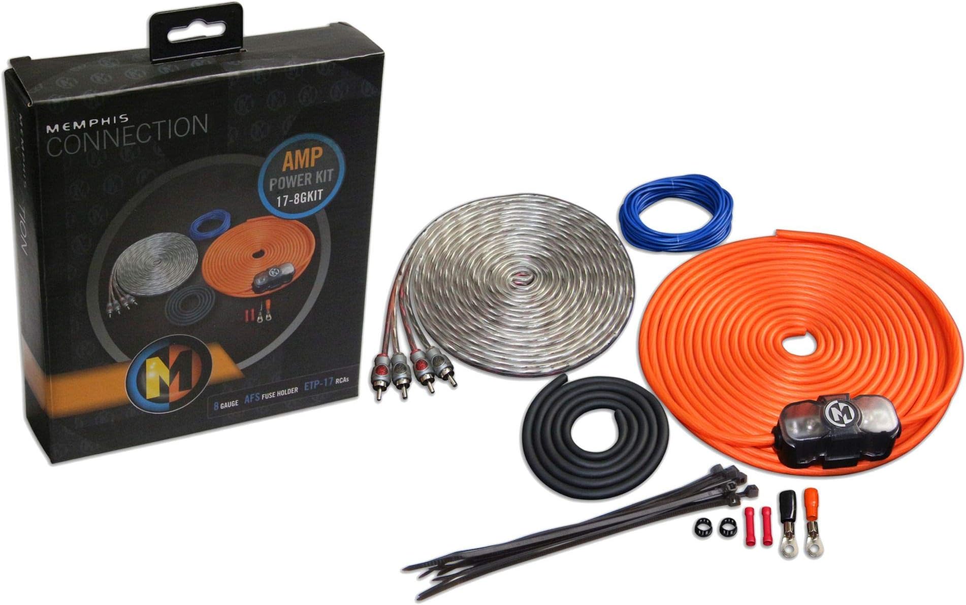Memphis Audio 8GKIT 8-Gauge Amp Install Kit -AFS Fuse Holder with 60A Fuse, and A Pair of ETP-17 17-Foot RCAs