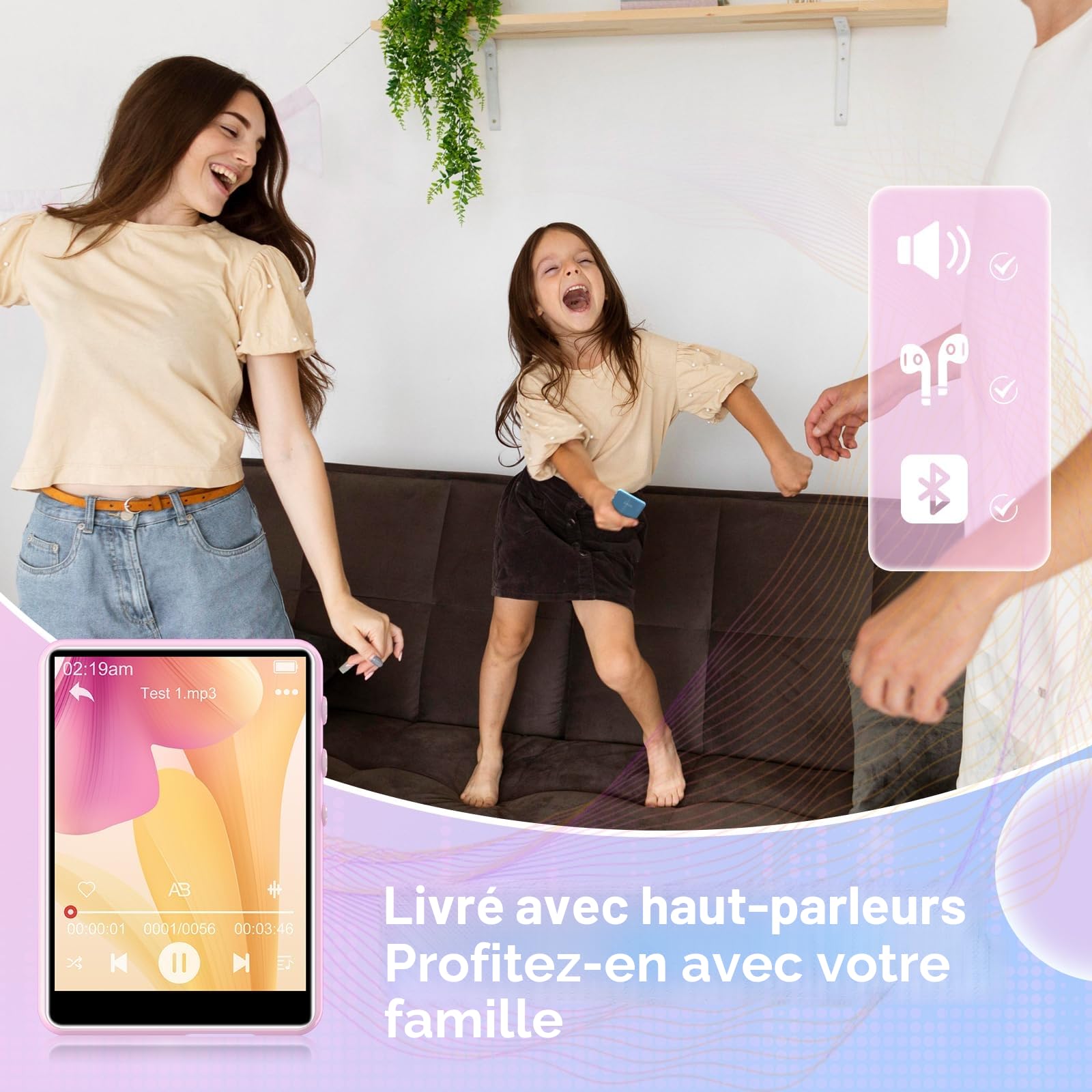64 Go Lecteur MP3 Bluetooth 5.3, ZAQE Lecteur MP3 Sportif Portable avec écran Couleur TFT 2,4", Haut-parleurs HD, Radio FM, Lecteur de Livres électroniques, compatibilité jusqu'à 128 Go (Rose)