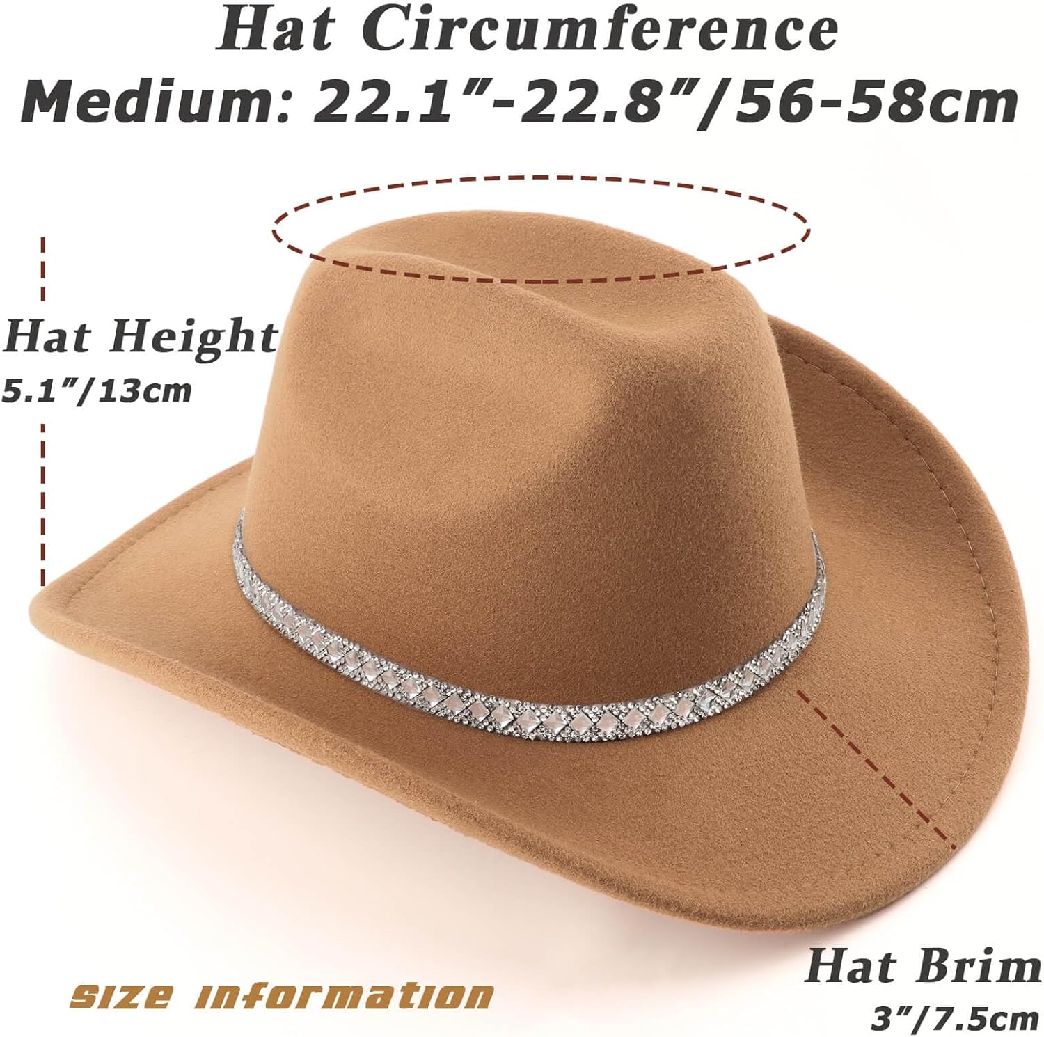 DRESHOW Western Cowboy Hat for Women and Men Wide Brim Glitter Cowboy Cowgirl Hat with Rhinestone Felt Fedora Hats - Image 5